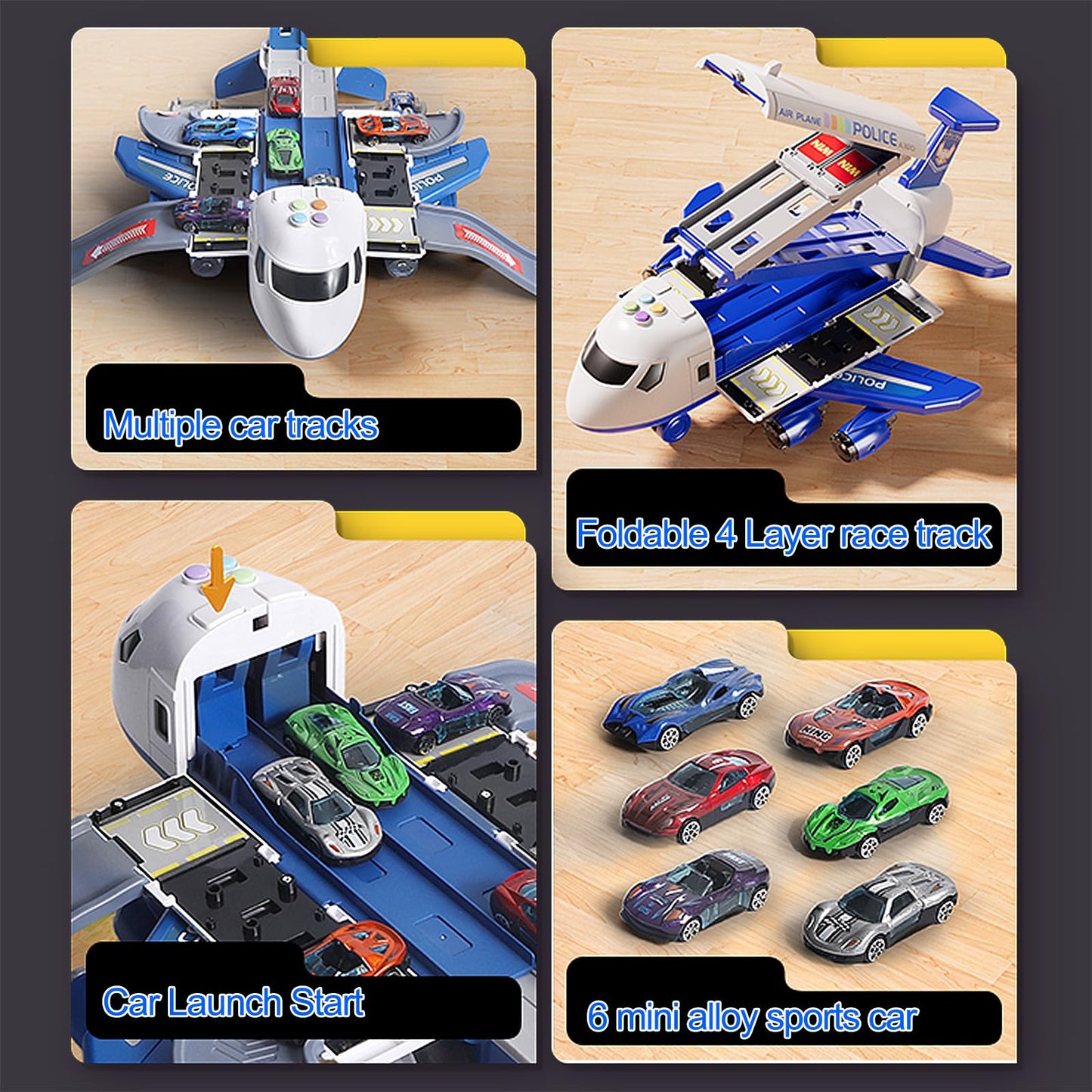 Airplane Toy Race Track Playset for Kids – Foldable 4-Layer Transport Plane with 6 Cars, Toddler Car Ramp Toy for Boys & Girls Ages 3-6, Birthday Gift