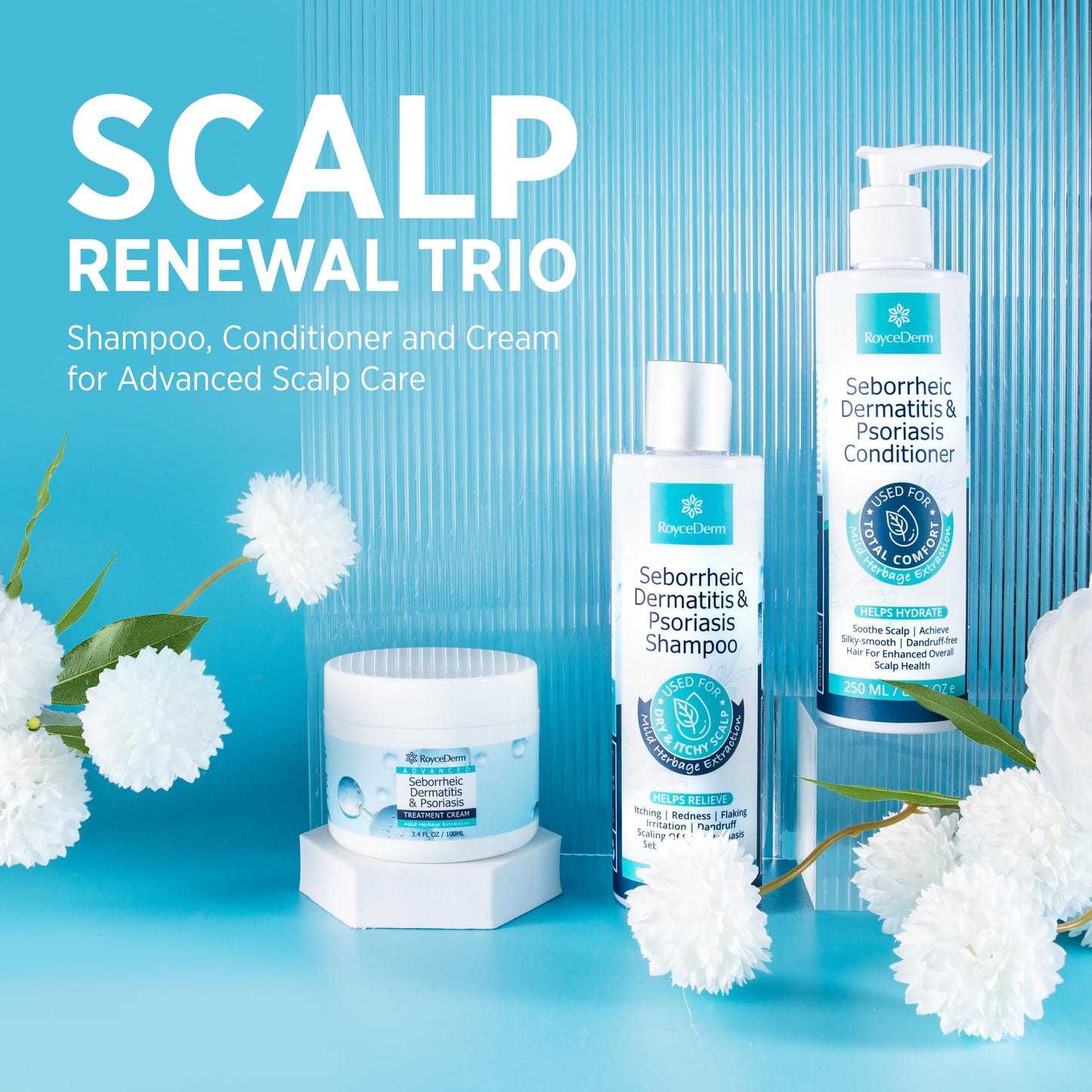 Seborrheic Dermatitis & Psoriasis Scalp Care Set – Therapeutic Shampoo, Conditioner & Cream for Itchy, Flaky, Dry Scalp Relief
