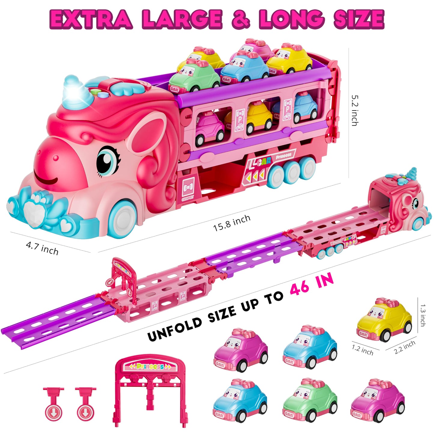 Funwee Unicorn Car Toys for Girls 2-7, Princess Carrier Truck with Sound & Lights, 2-Player Foldable Race Track, Birthday Gift