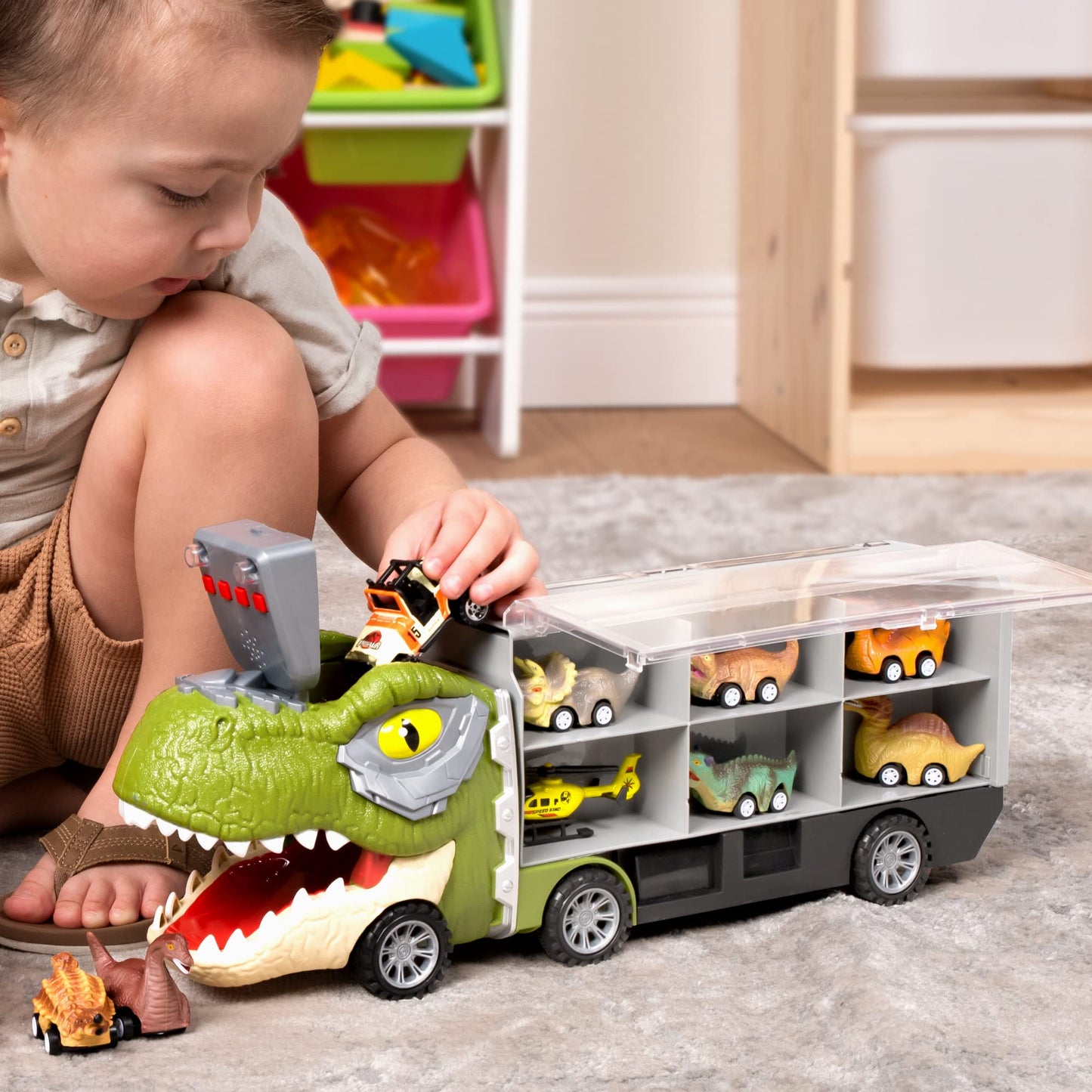 JOYIN 13-in-1 Dinosaur Toy Set for Kids 3-5 – Truck with 12 Pull-Back Cars, Transport Carrier, Birthday & Christmas Gift for Boys
