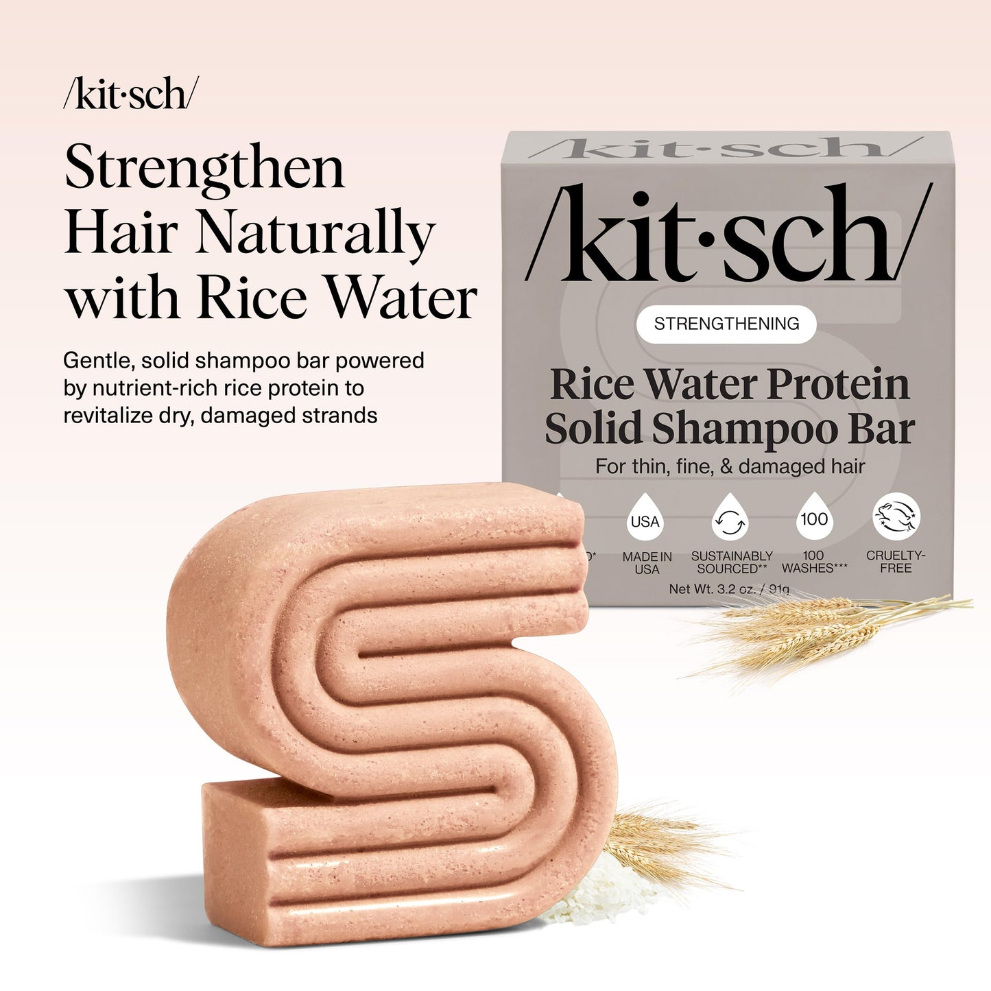Kitsch Rice Water Shampoo Bar – Strengthening & Hair Growth Formula for Men & Women – Reduces Breakage, Boosts Shine, Vegan & Sulfate-Free, 3.2 oz