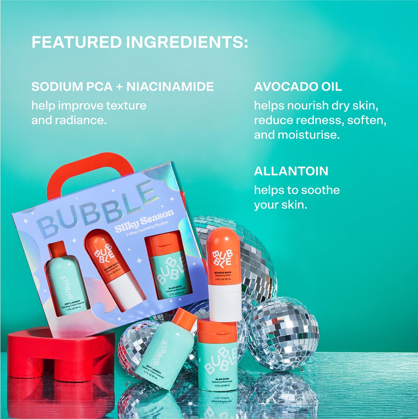 Bubble Skincare Silky 3-Step Hydrating Set for Dry Skin – Travel Size Cleanser, Toner & Moisturizer, 3-Piece Soft Launch Kit