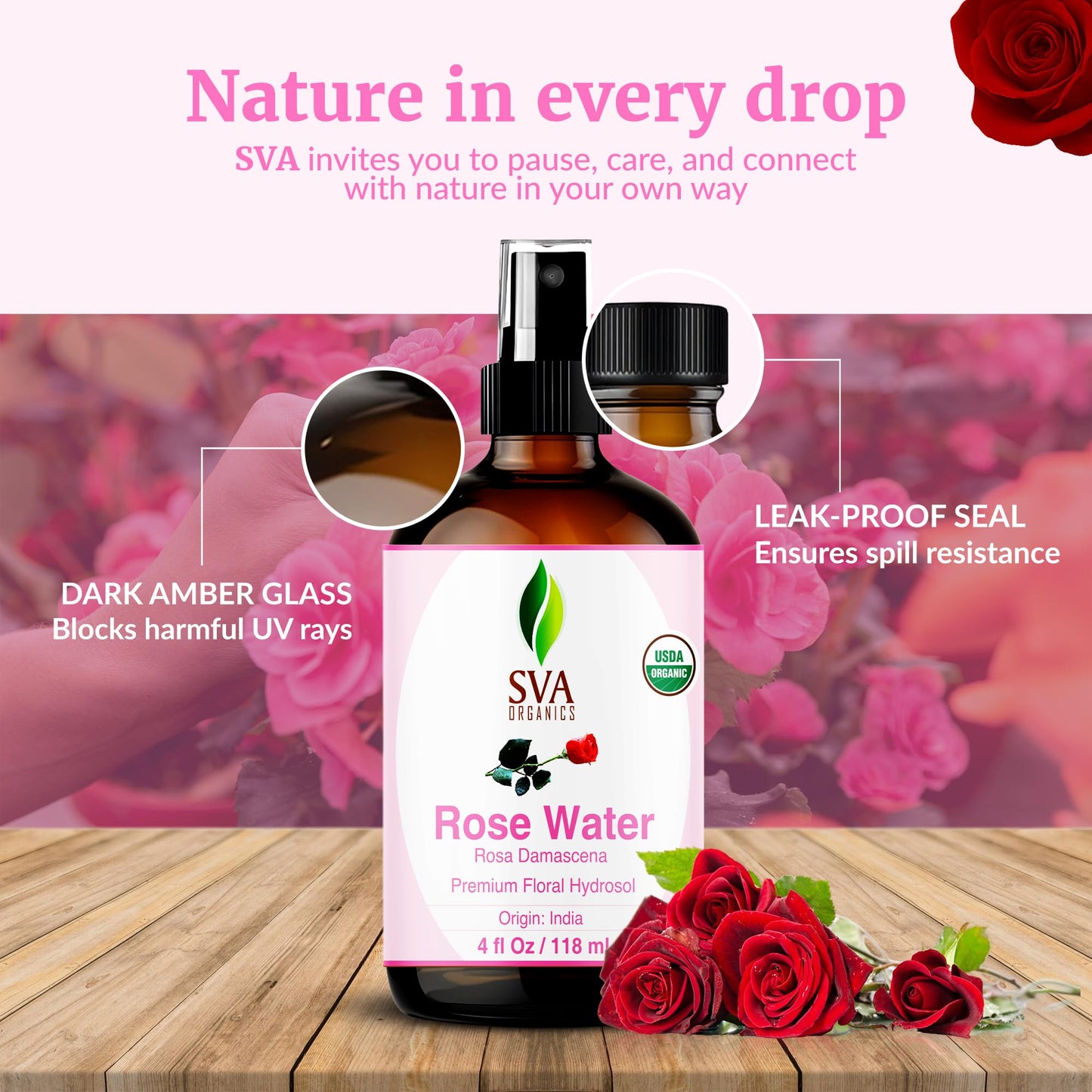 SVA ORGANICS Rose Water 4oz (118 ml) Refreshing Rose Water Spray for Skin Care, Skin Hydration, Bath, Soaps, Haircare & Aromatherapy