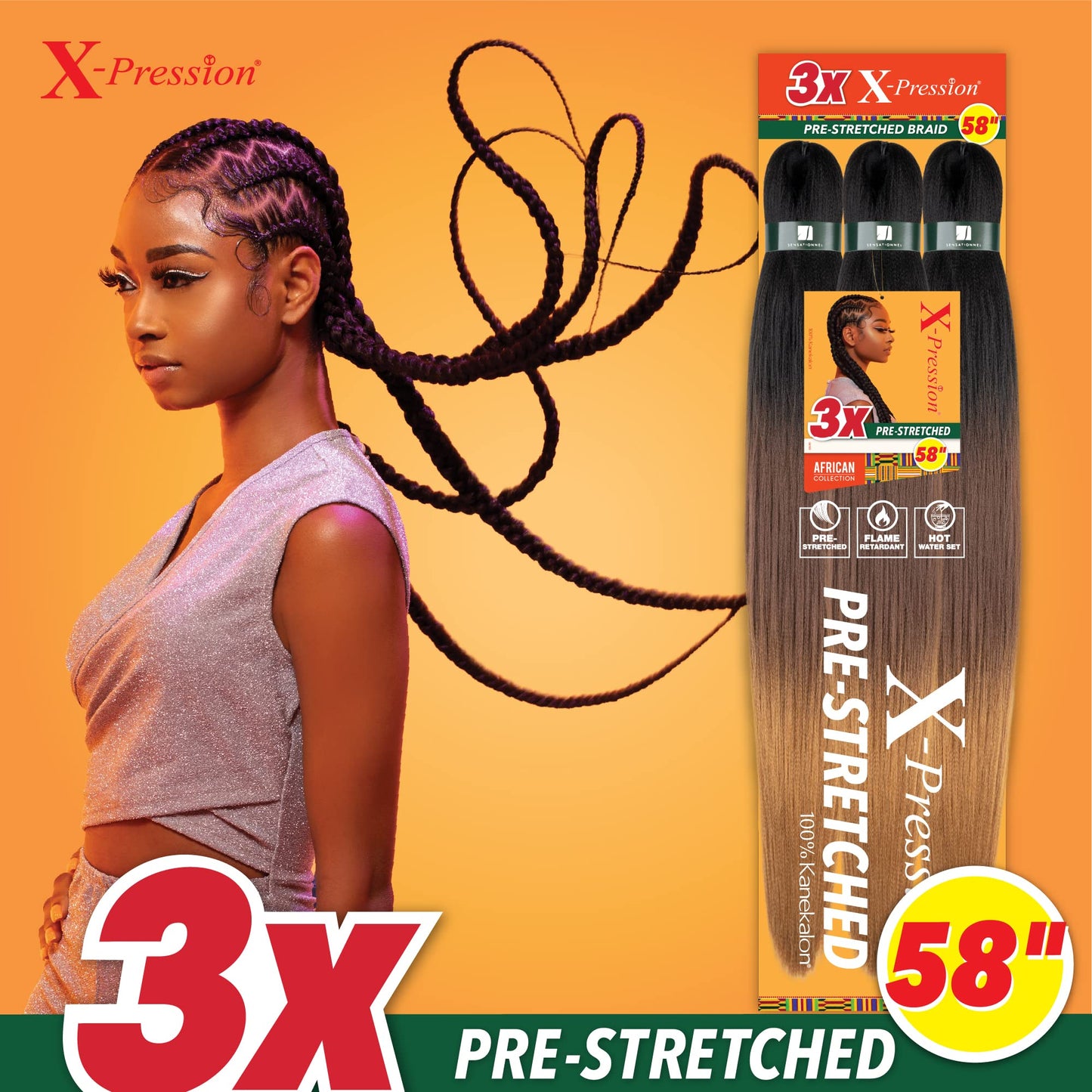 Sensationnel X-Pression 3X Pre-Stretched Braiding Hair 58" – Kanekalon Flame Retardant Synthetic Braid for Box Braids & Twists, 1B Off Black (1 Pack)