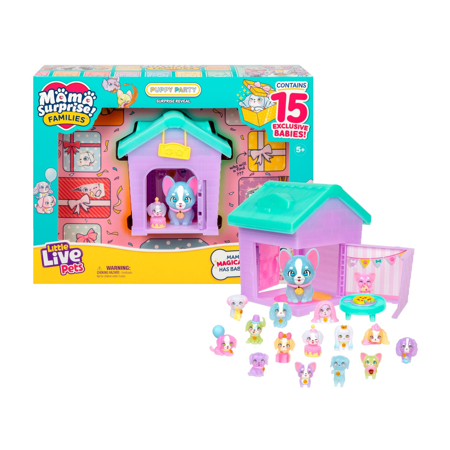 Little Live Pets Dog House Playset, Mama Surprise Families Puppy Party Pack, 15 Mini Collectible Puppies, Fold-Out Dog Playset Toy Gift for Kids 5+