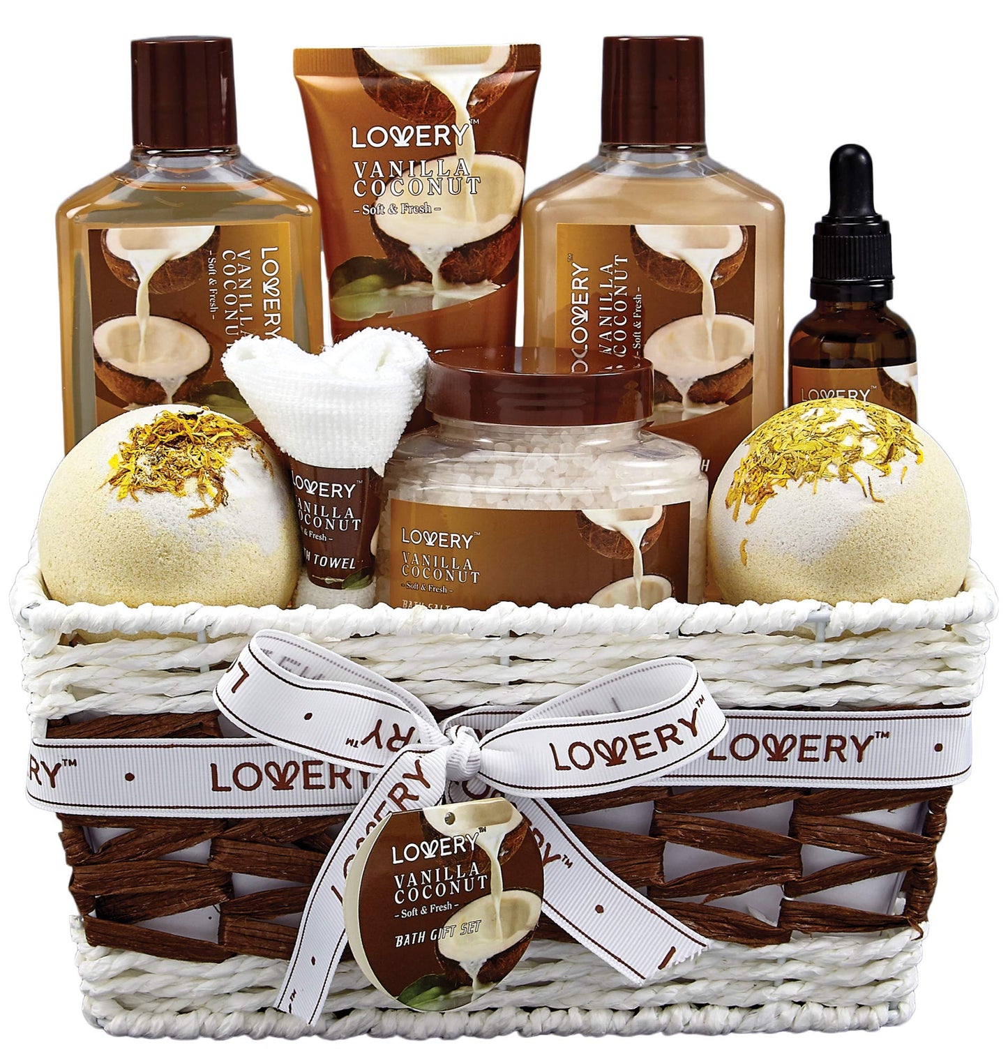 Gifts for Women Spa Basket โ 9-Piece Vanilla Coconut Set with Lotions, Bath Bombs, Coconut Oil, Luxury Towel & More