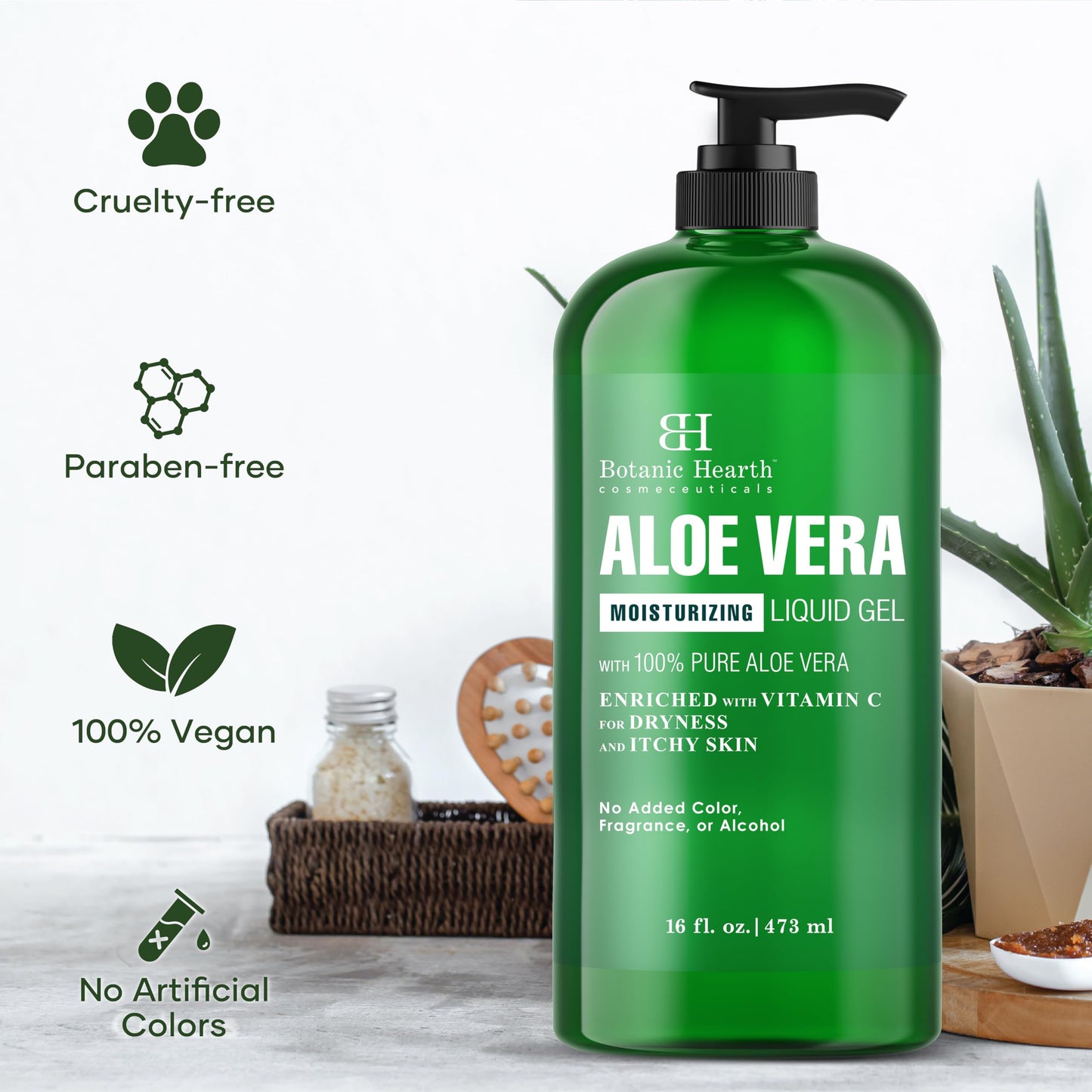 Botanic Hearth Aloe Vera Gel – 100% Pure, Vitamin C Enriched, Soothes Dry & Itchy Skin, Alcohol & Fragrance Free, 16 fl. oz