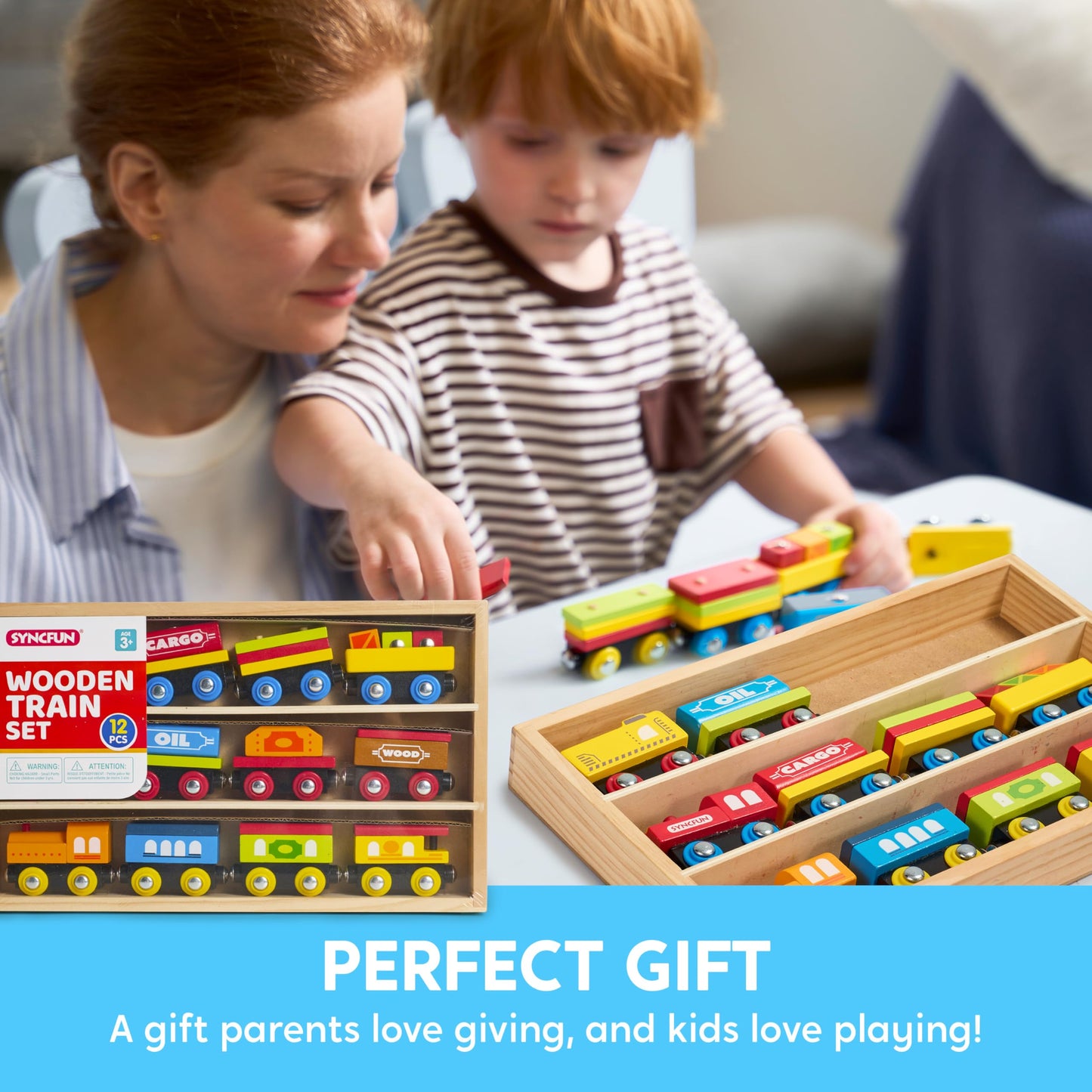 Montessori Wooden Magnetic Train Set for Kids, 12PCS Cars with Storage Box, STEM Educational Toy for Boys & Girls Ages 2-8, Gift Idea