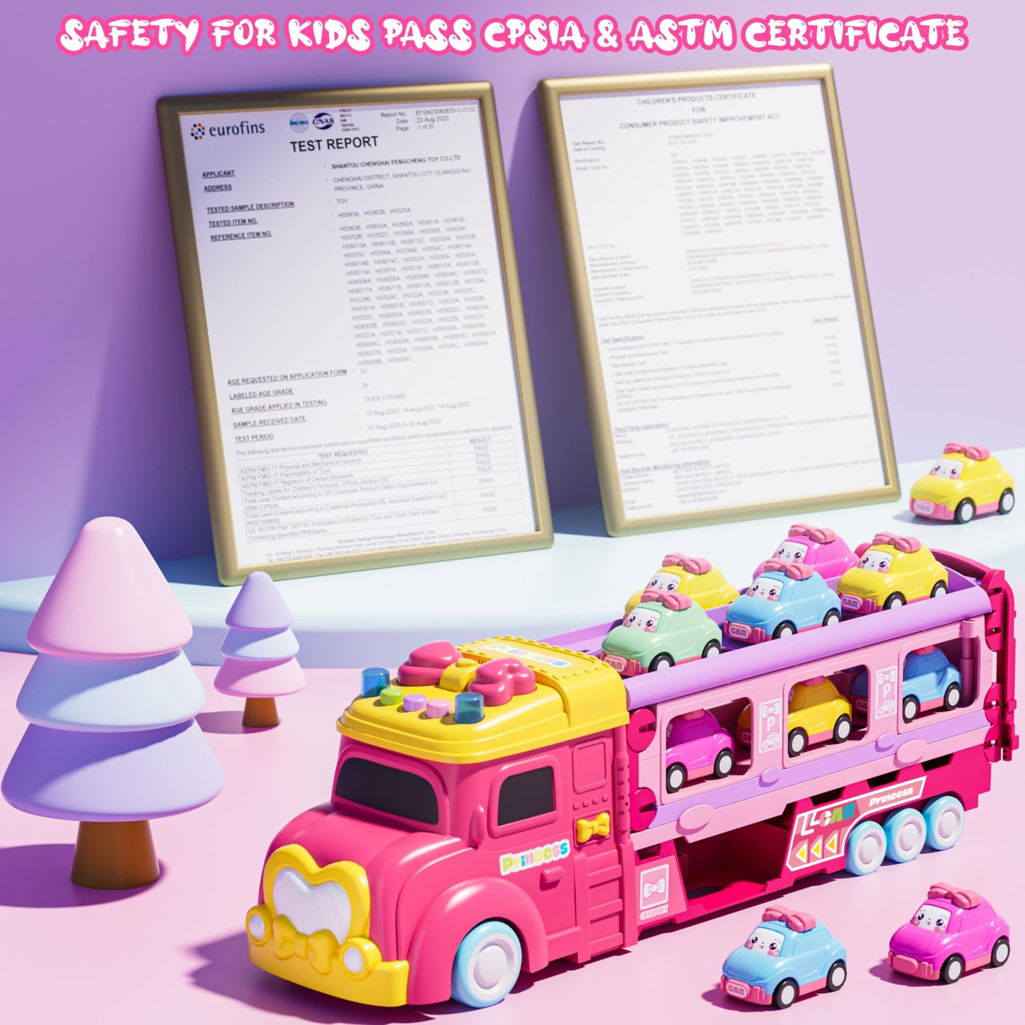 Funwee Foldable Car Track Toy for Girls Age 2-7, 2-Player Race Mode, Light & Sound Cars with Transport Truck, Birthday Gift Idea