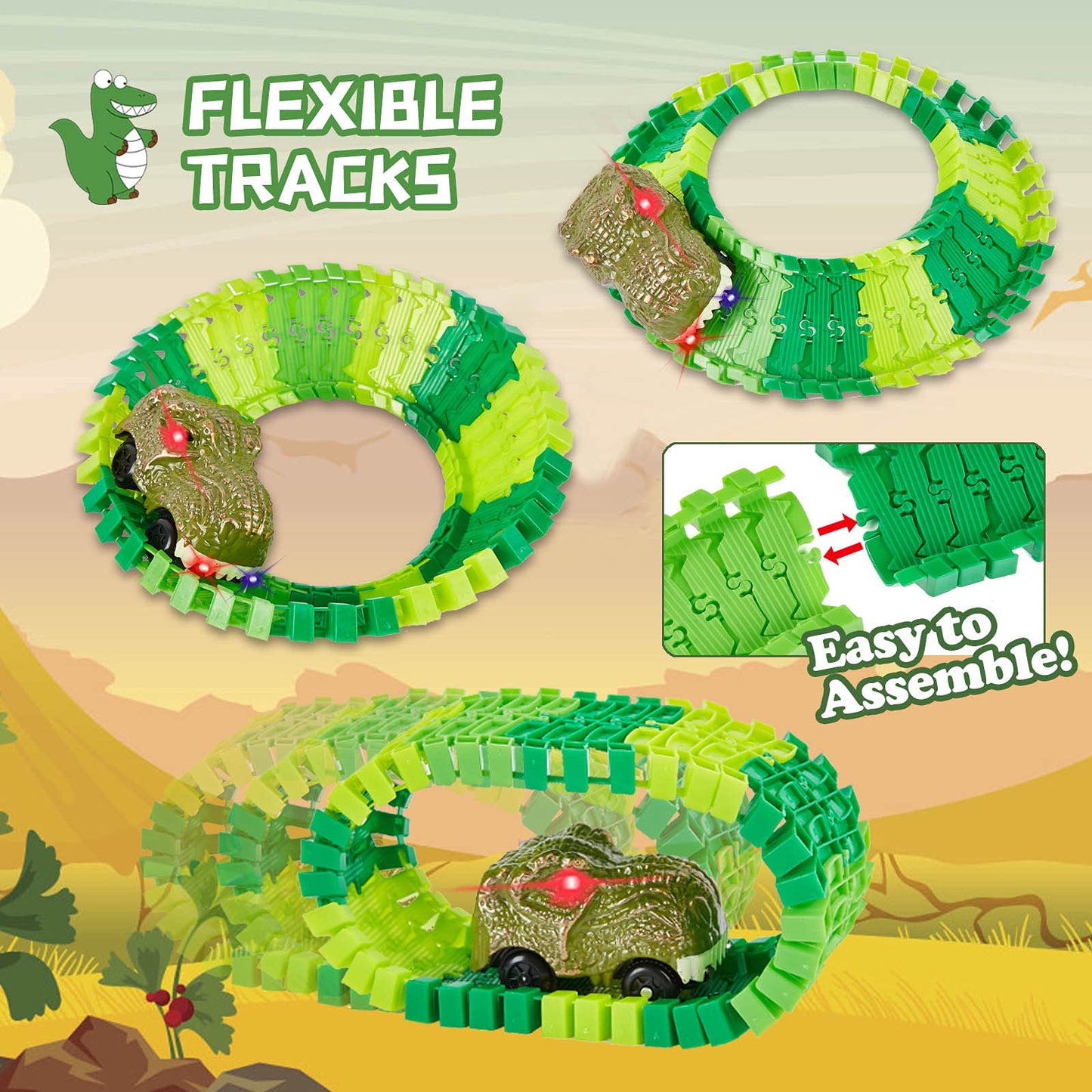 BEMITON Dinosaur Race Car Track Set – Flexible Dino Road Adventure Toys for Boys & Girls Ages 3-7, Perfect Christmas & Birthday Gift