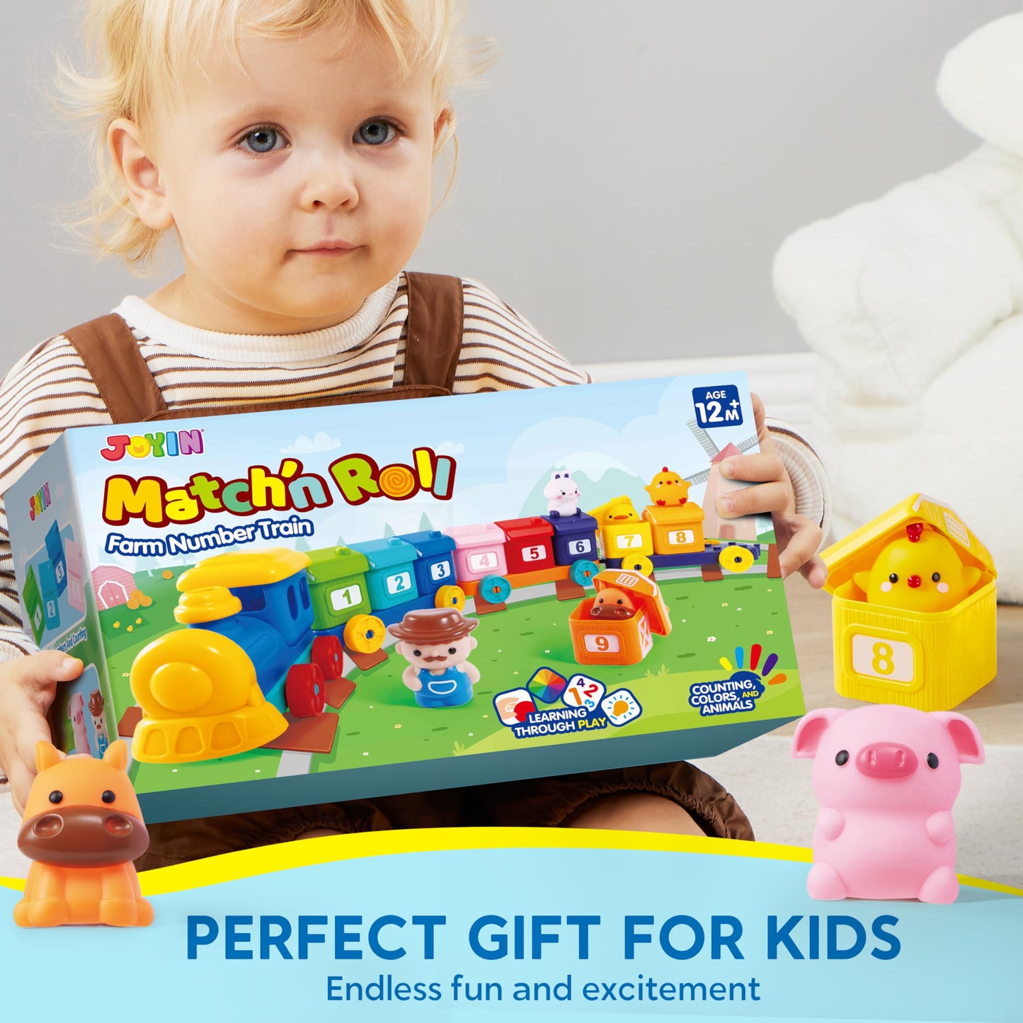 Montessori Farm Train Learning Toy for Toddlers 1-3, Counting, Matching & Sorting with 9 Animals & Farmer – Birthday, Easter, Christmas Gift