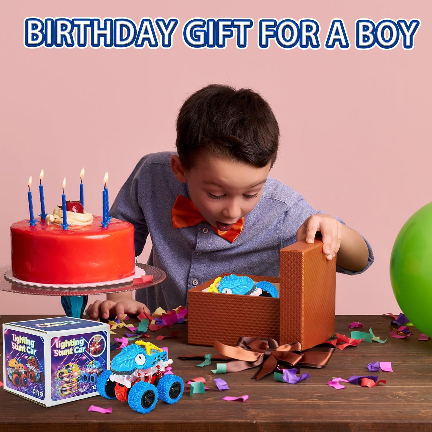 TQBYNJ Light-Up Dinosaur Monster Truck – Push & Go Friction Car Toy for Toddlers Boys & Girls Ages 2-6 – Birthday Easter Gift (Blue)