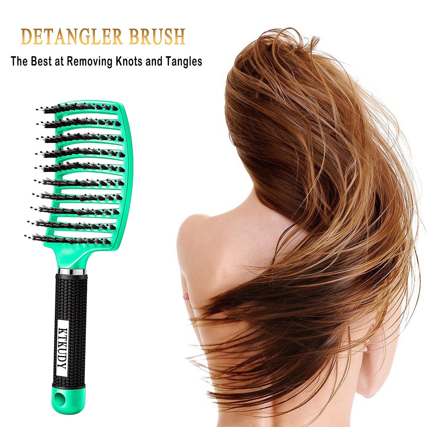 KTKUDY Detangling Brush with Boar Bristles – Curved & Vented Hairbrush for Wet or Dry Hair – Adds Shine & Reduces Frizz for Women, Men & Kids, Light Green