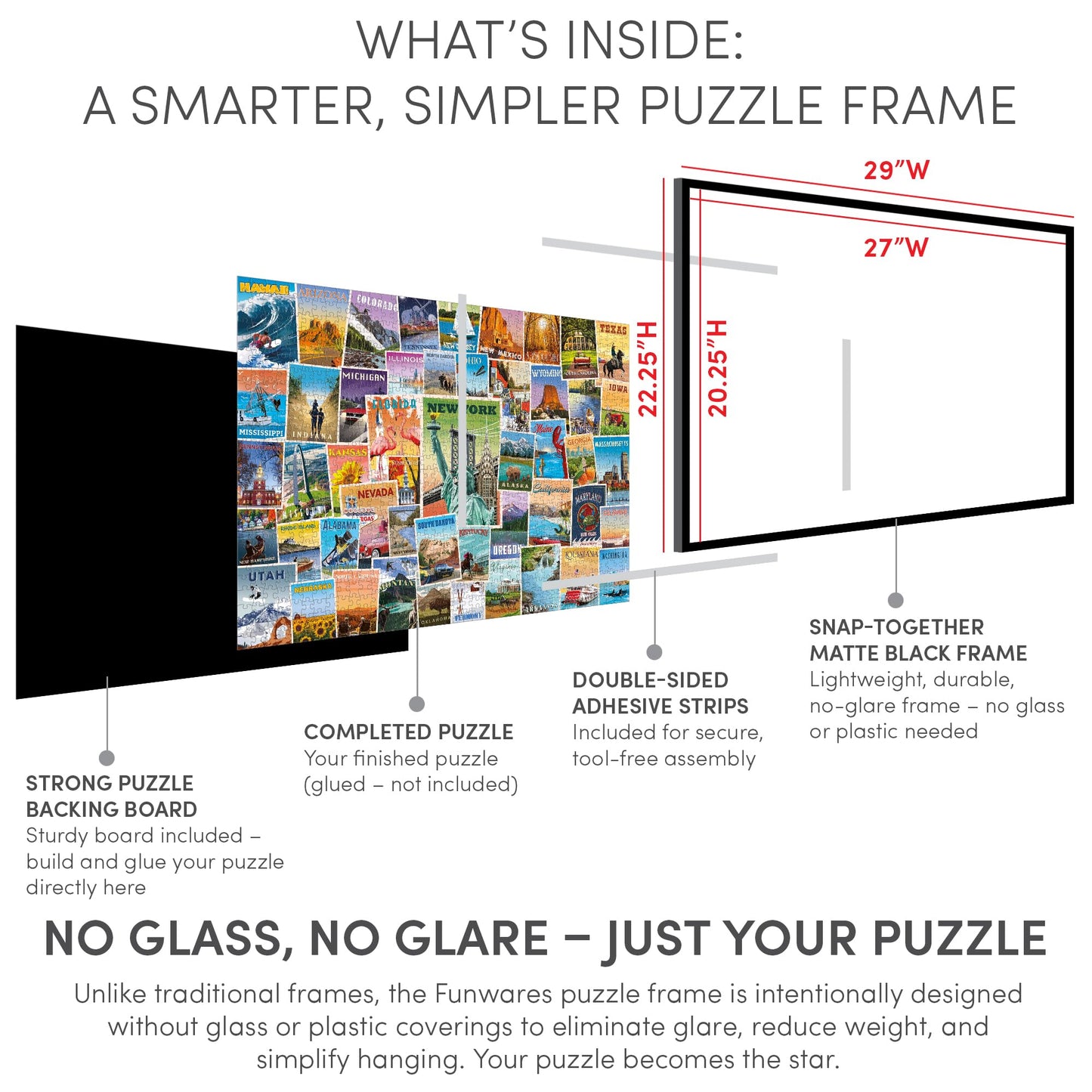 Funwares 20x27 Puzzle Frame – Matte Black Finish, Easy Assembly, Lightweight Design, Fits 1000 Piece Puzzles, Built-In Hanging Hooks