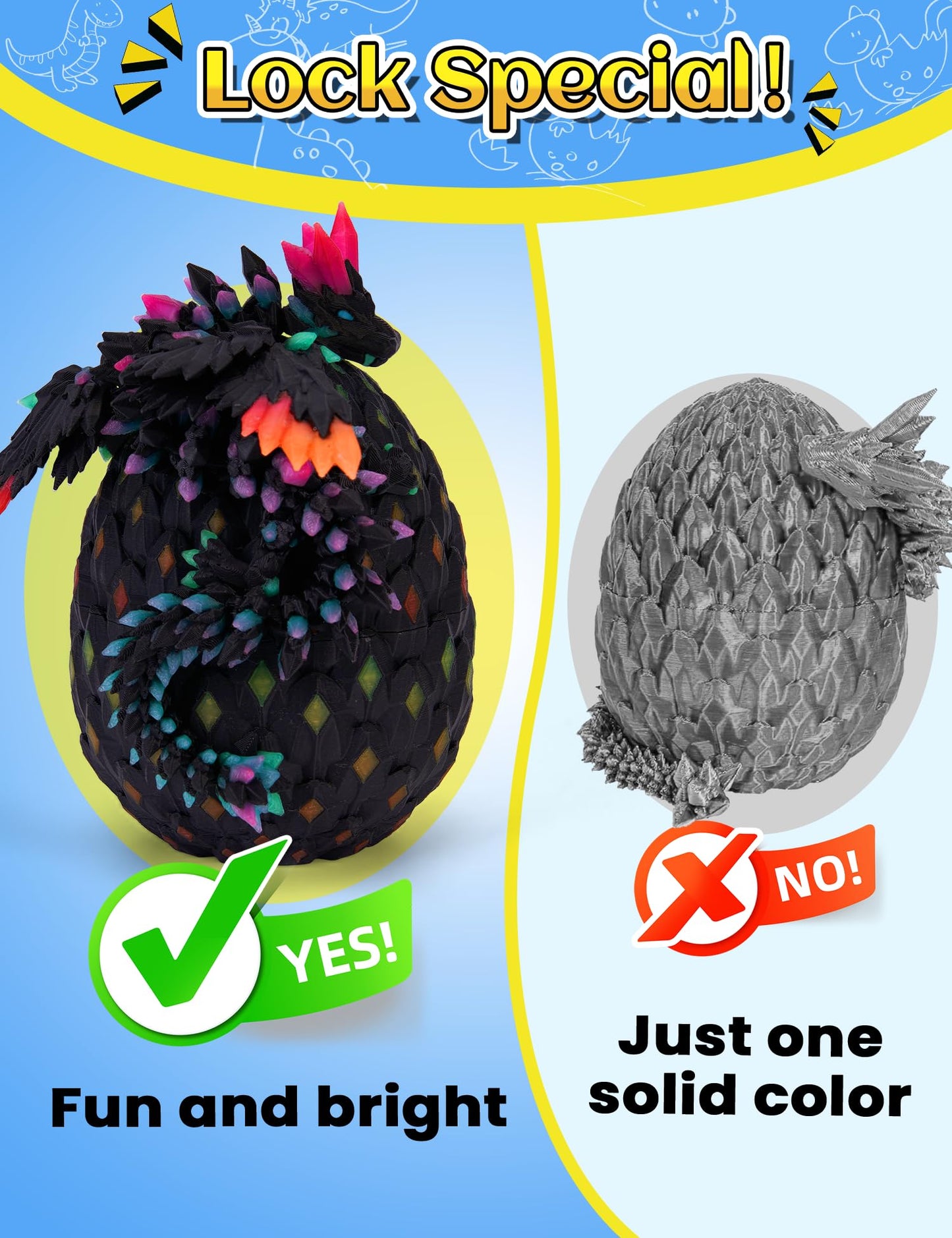 YILCER 3D Printed Glow-in-the-Dark Dragon Eggs with Wings, Articulated Fidget & Dinosaur Toys for Teens, Boys & Girls – Rainbow