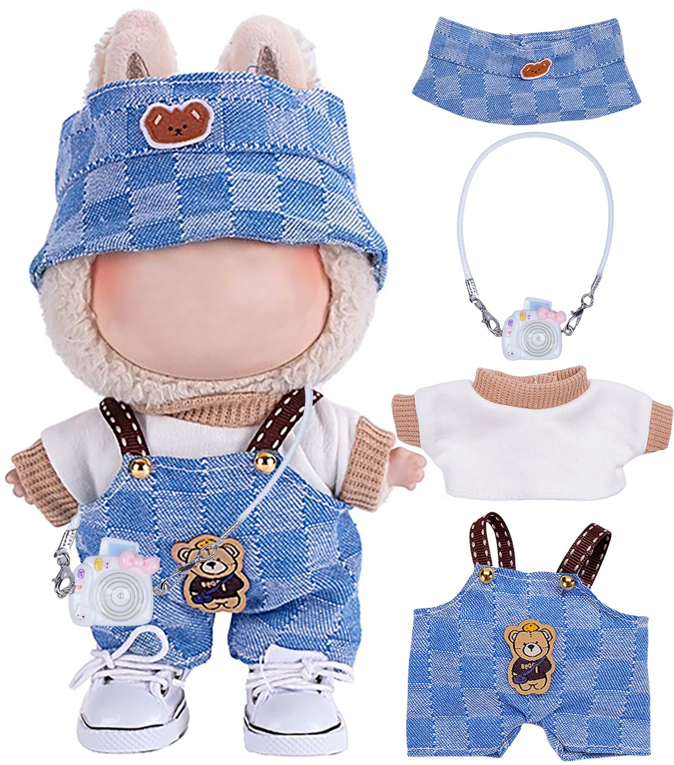 4pcs Handcrafted Doll Clothes for 15-17cm Labubu Dolls – Cute Blue Overalls Outfit Set, Stylish Accessories for Boys & Girls AK053BL