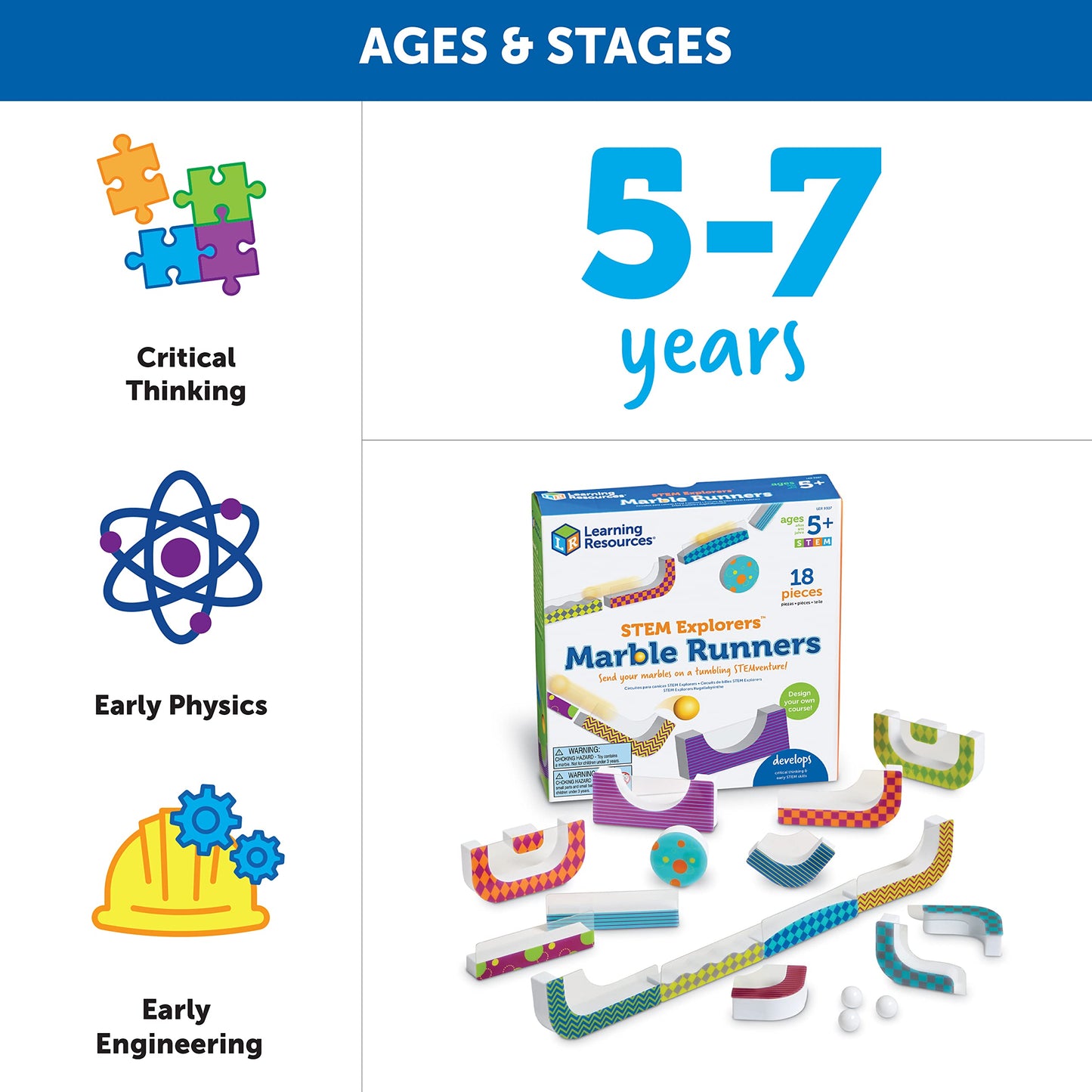 Learning Resources STEM Explorers Marble Runners - 18-Piece STEM Toy Set for Kids Ages 5+ - Fun Marble Run, Brain Teaser & Learning Game