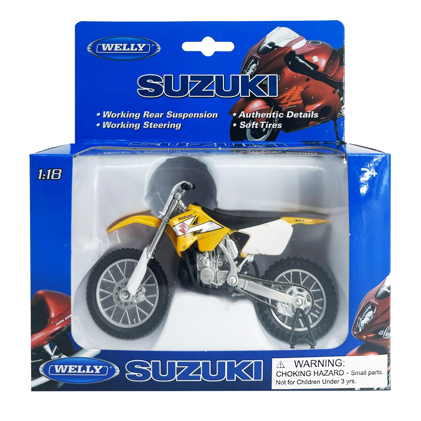 Welly Die Cast Motorcycle Yellow Suzuki RM250, 1:18 Scale, Collectible Model Dirt Bike