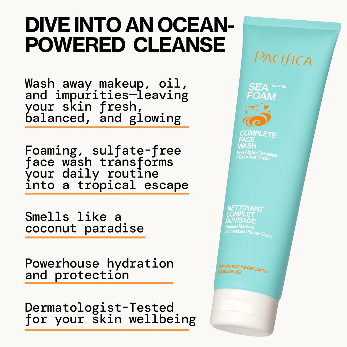 Pacifica Sea Foam Face Cleanser – Gentle Daily Foaming Wash with Coconut Water & Sea Algae, Removes Makeup, Vegan, Oily/Combo Skin