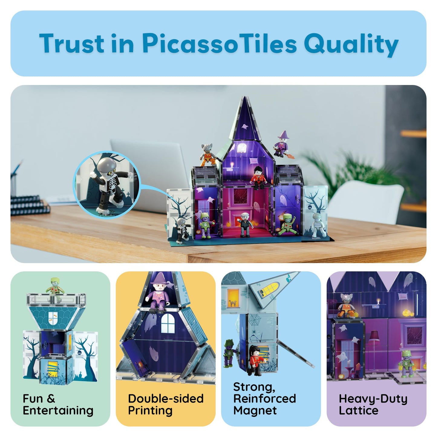 PicassoTiles Haunted House Magnetic Building Set with 8 Figures, Double-Sided Tiles, STEM Learning Toy for Kids 3+, Halloween Playset