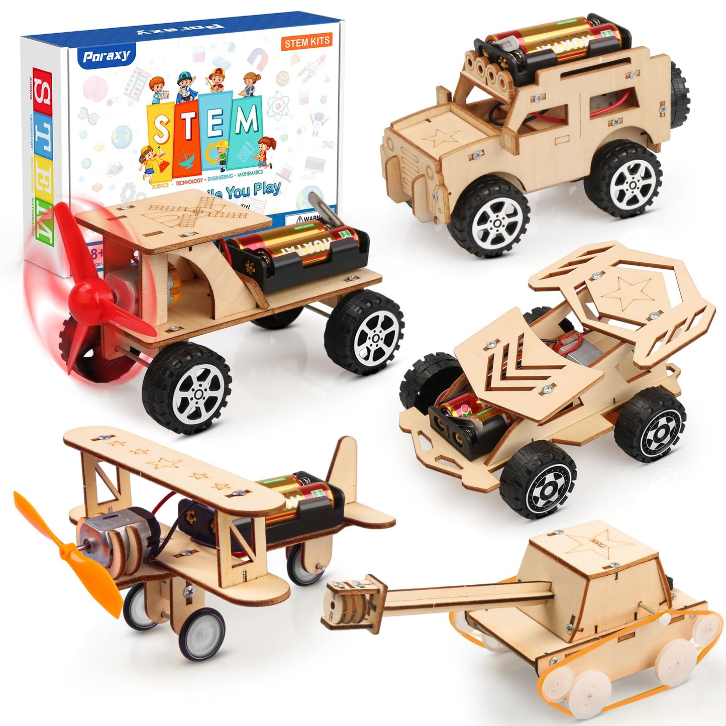 Poraxy 5-in-1 STEM Kit for Kids 8-13 – Science, Model Cars, 3D Wooden Puzzles & Crafts – Educational STEM Toys & Birthday Gifts