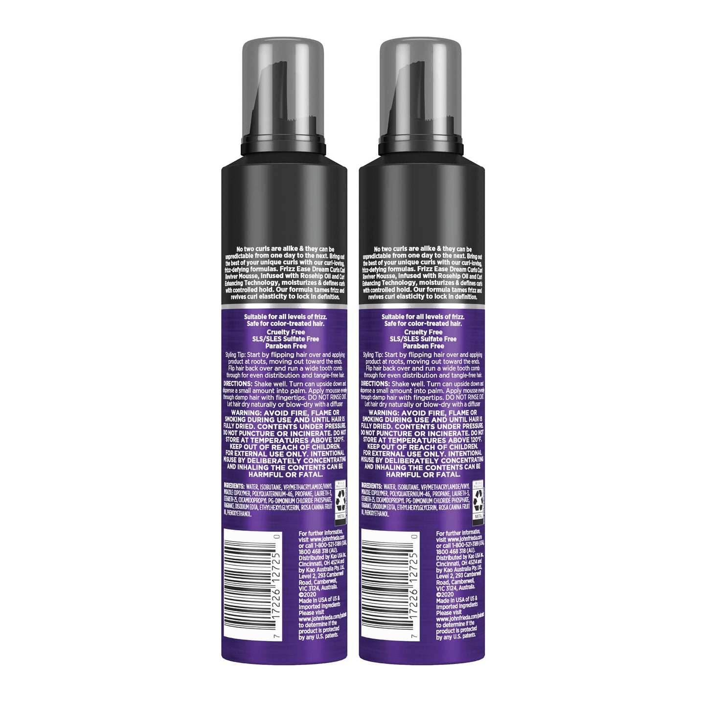 John Frieda Frizz Ease Dream Curls Mousse, Enhances & Hydrates Natural Curls, Soft Flexible Hold, Alcohol-Free Anti Frizz Styler, 7.2 Oz, 2 Pack