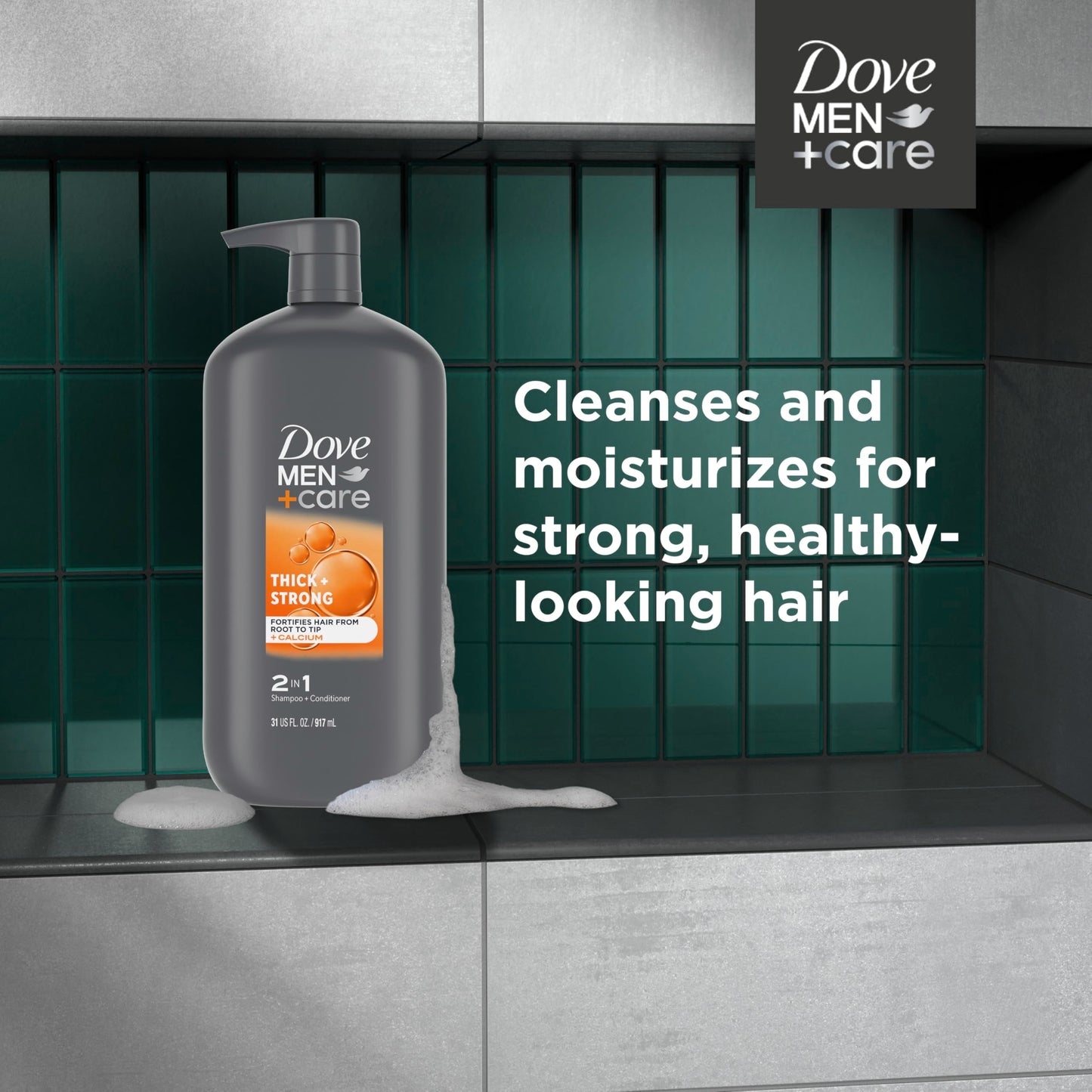 Dove Men+Care 2-in-1 Shampoo + Conditioner Thick + Strong for Fortifying Hair from Root to Tip, with Calcium, 31 oz