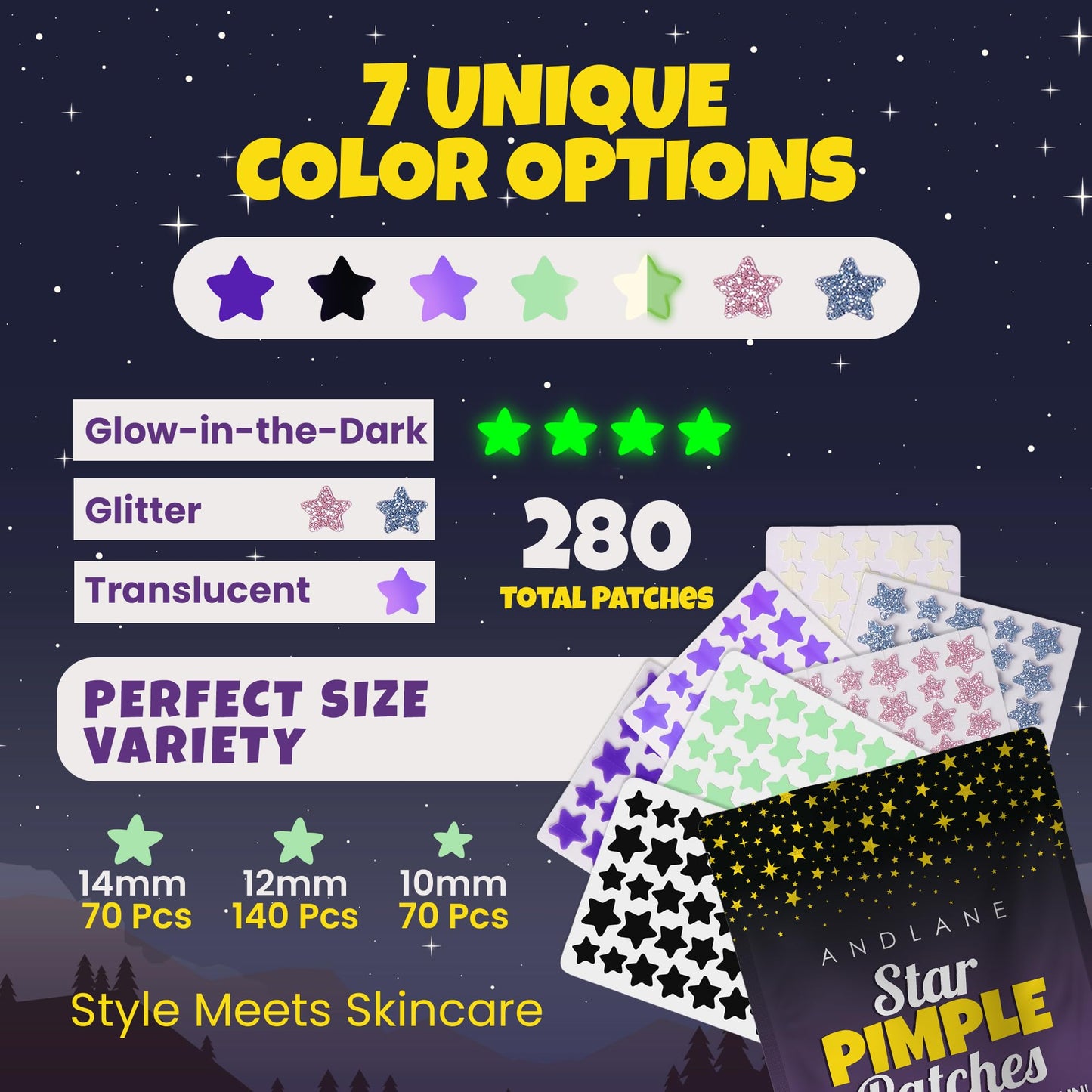 280Pcs Star Pimple Patches for Face – Hydrocolloid Acne Healing Stickers in 7 Colors & 3 Sizes – Glitter, Glow-in-the-Dark & Translucent Cute Zit Patches