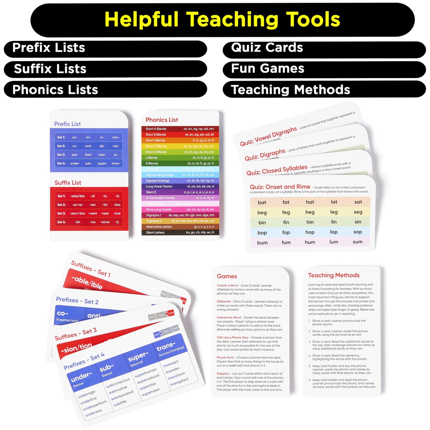 Phonics & Vocabulary Flash Cards – 1000+ Words, Prefixes, Suffixes, CVC, Games & Visuals – Ages 4–8, Pre-K to 3rd Grade