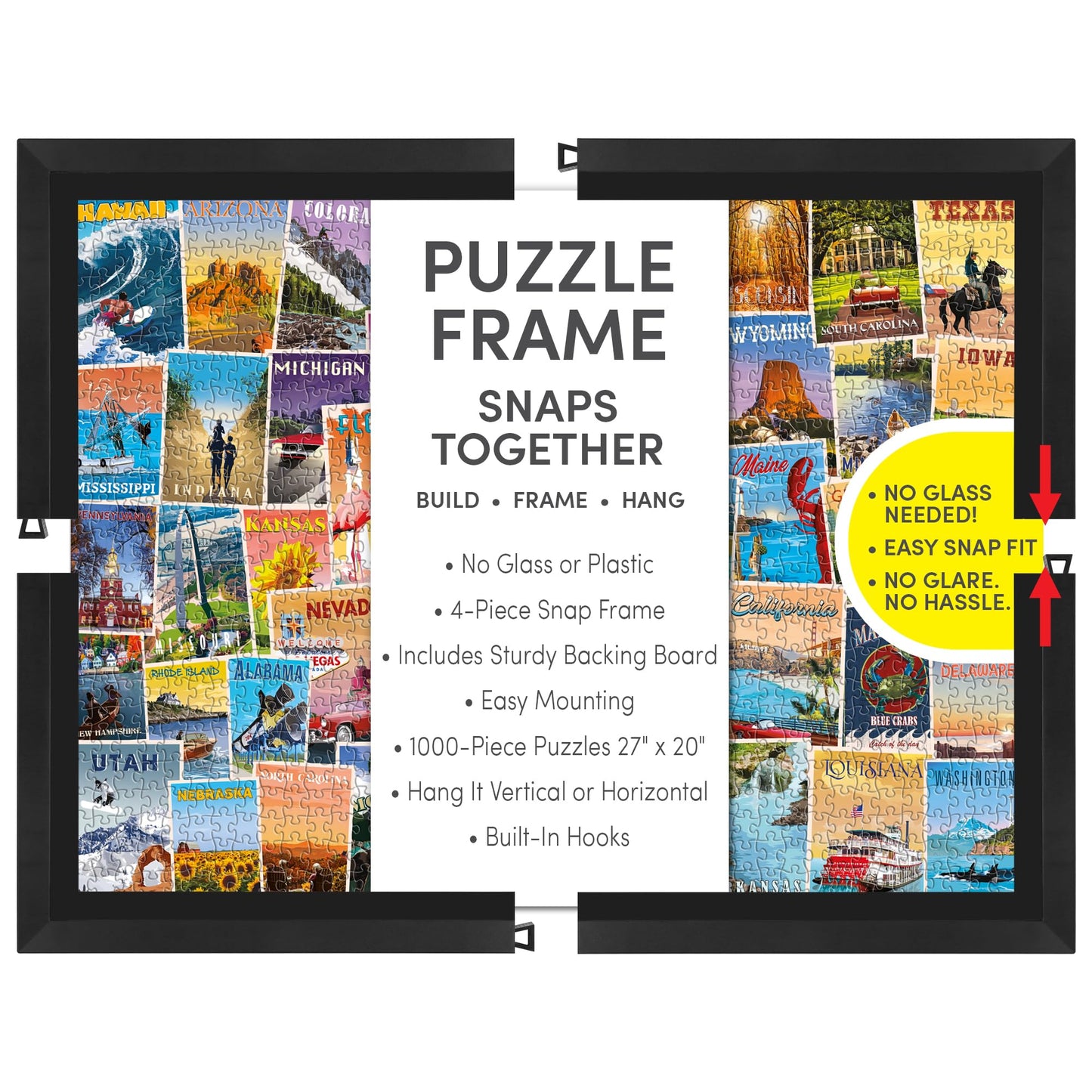 Funwares 20x27 Puzzle Frame – Matte Black Finish, Easy Assembly, Lightweight Design, Fits 1000 Piece Puzzles, Built-In Hanging Hooks