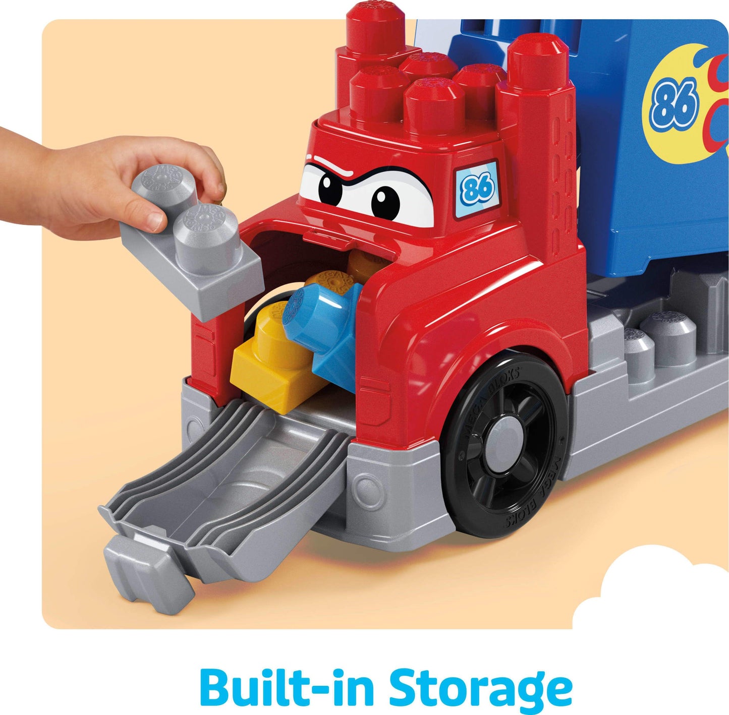 MEGA BLOKS First Builders Toddler Building Blocks Toy Set, Build & Race Rig with 19 Pieces, 2 Race Cars and Storage, Red, Ages 1+ Years