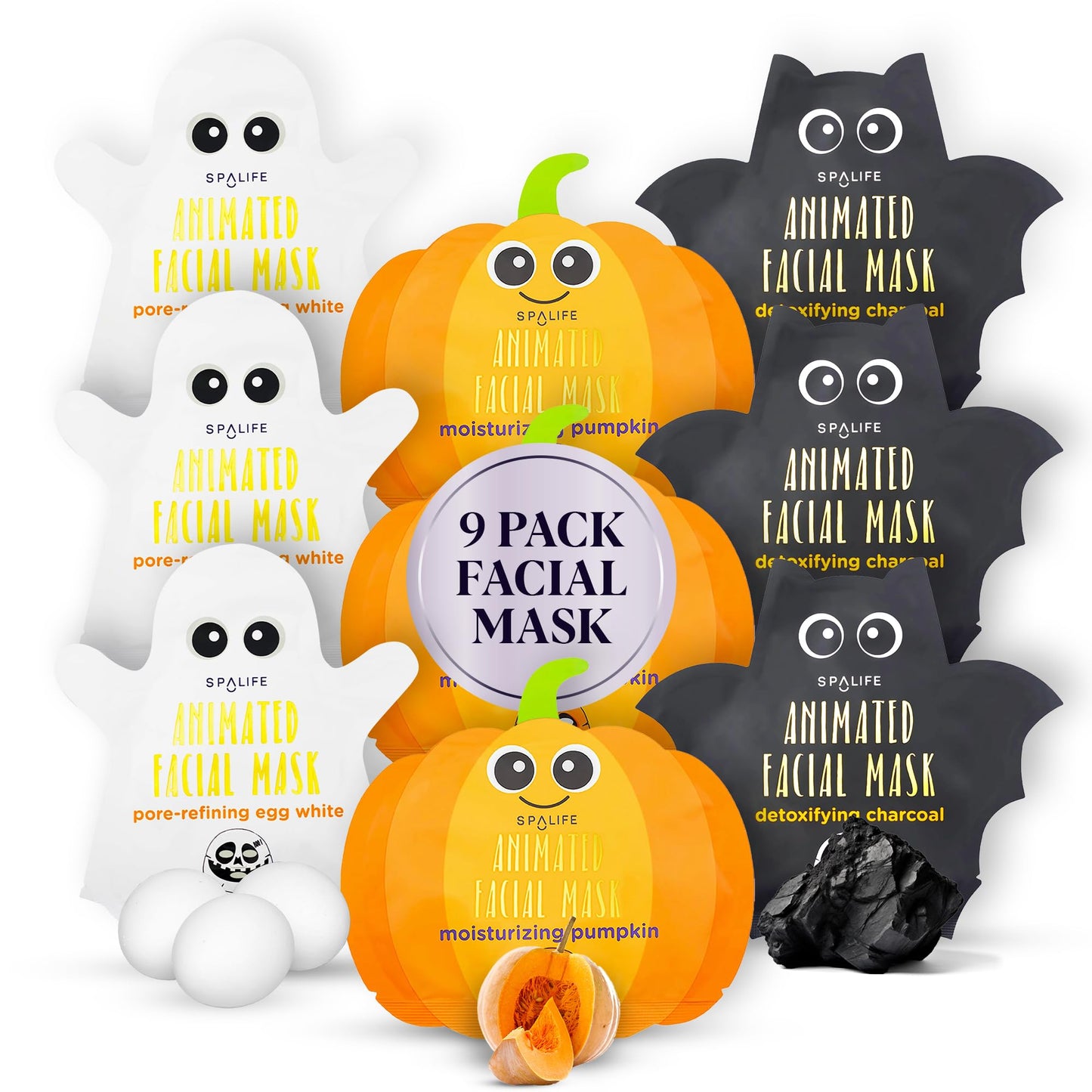 SpaLife Halloween Facial Mask Sheet Bundle – Pumpkin, Ghost & Bat Moisturizing Face Masks for Women – Hydrating Skincare Spa Beauty Pack