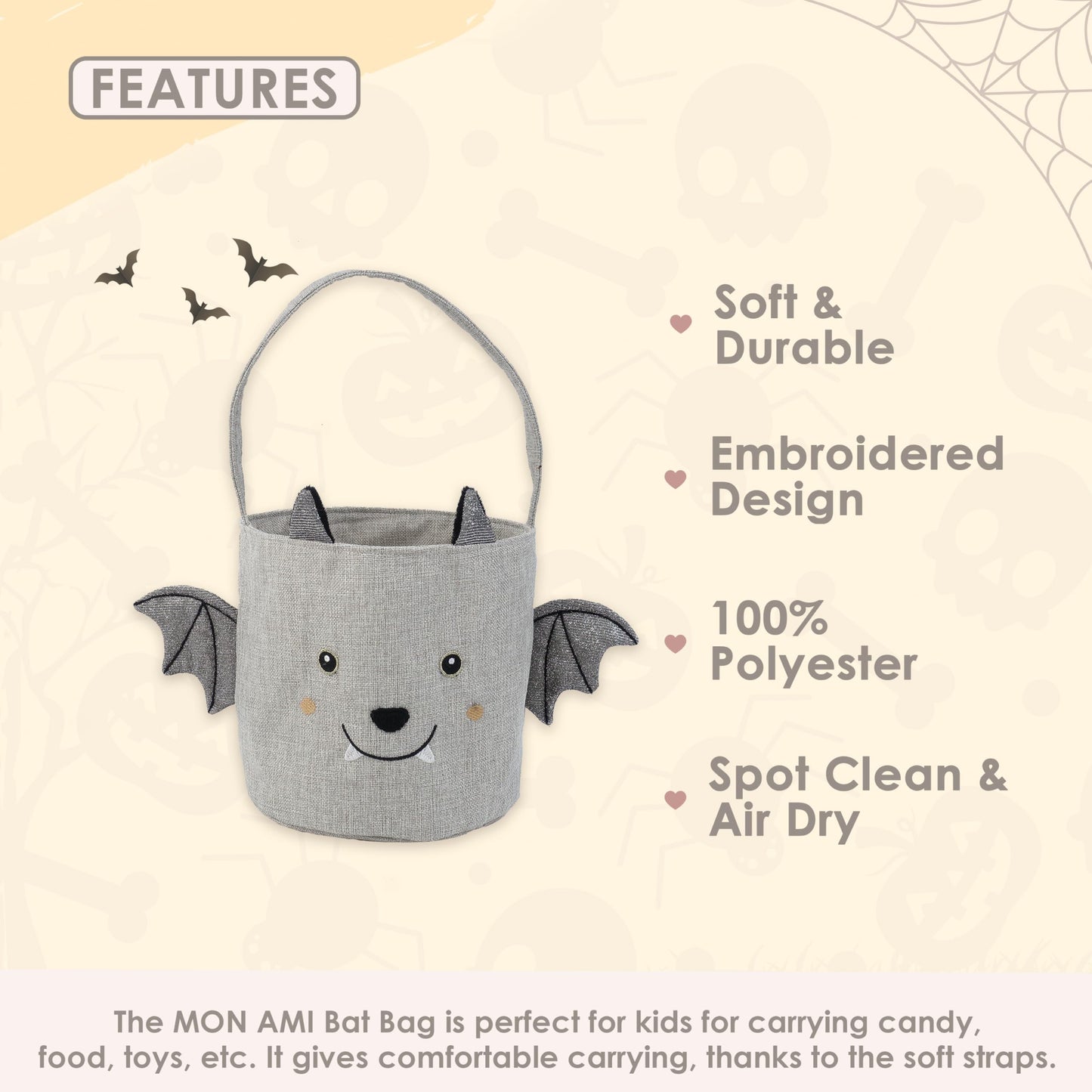 MON AMI Bat Halloween Treat Bag – 8" Plush Trick-or-Treat Basket with Soft Straps, Fun Party Favor & Holiday Décor Essential