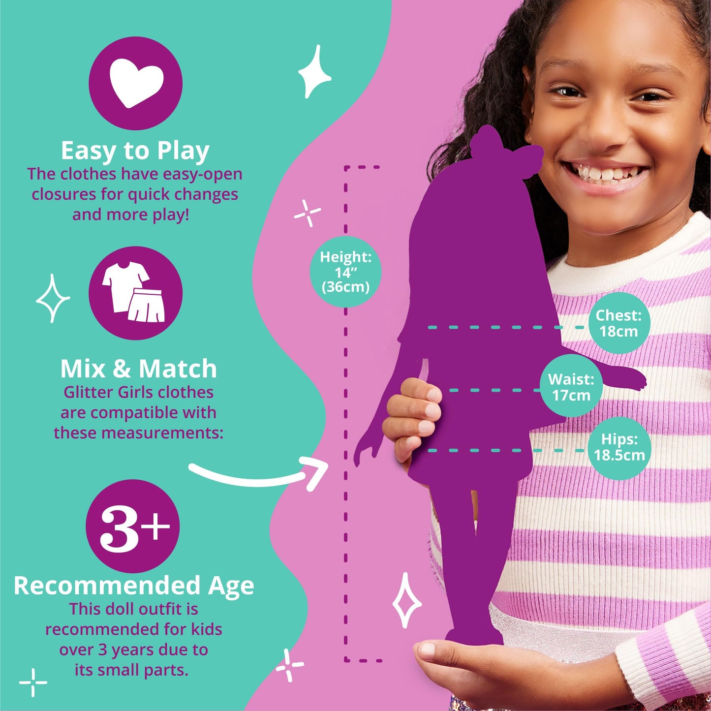 Glitter Girls 14" Doll Clothes 4-Piece Starry Outfit – Colorful Top, Polka Dot Shorts, Glitter Shoes & Hair Bow, 3+ Years