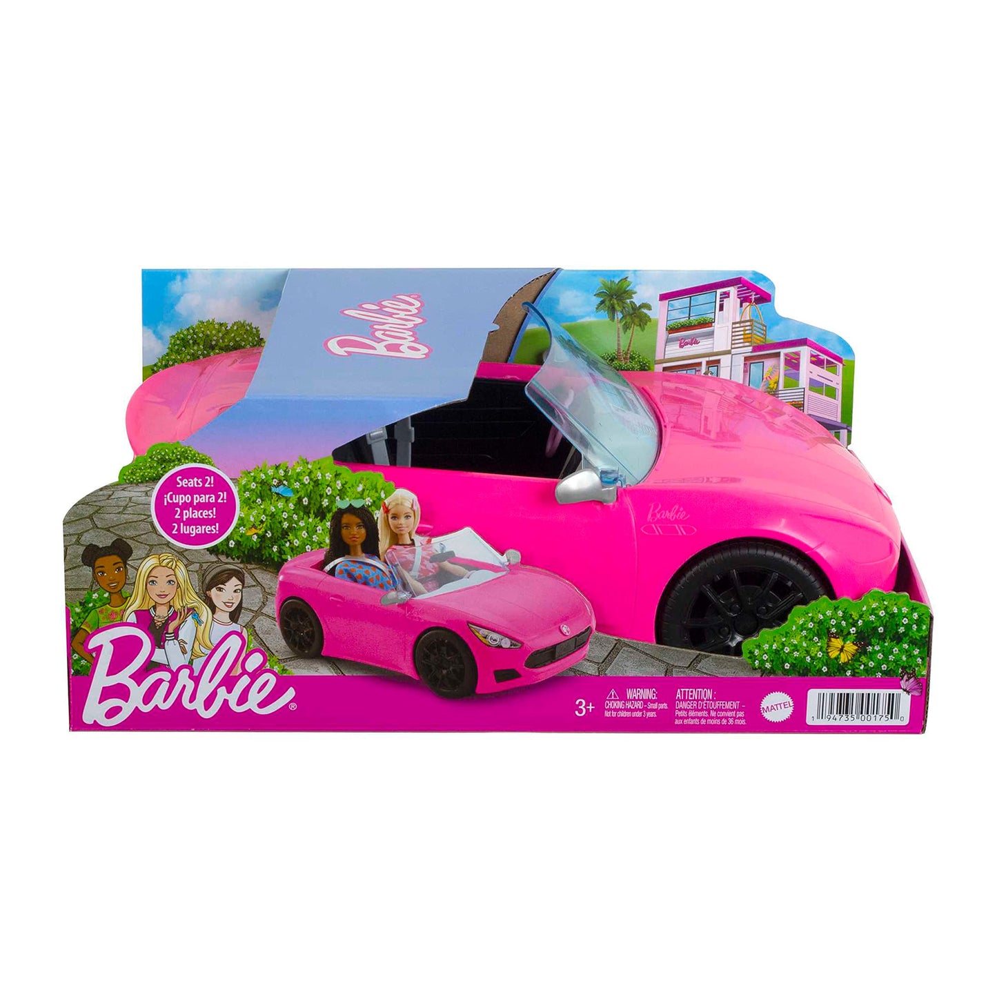 Barbie Convertible 2-Seater Vehicle, Pink Car with Rolling Wheels & Realistic Details, Gift for 3 to 7 Year Olds