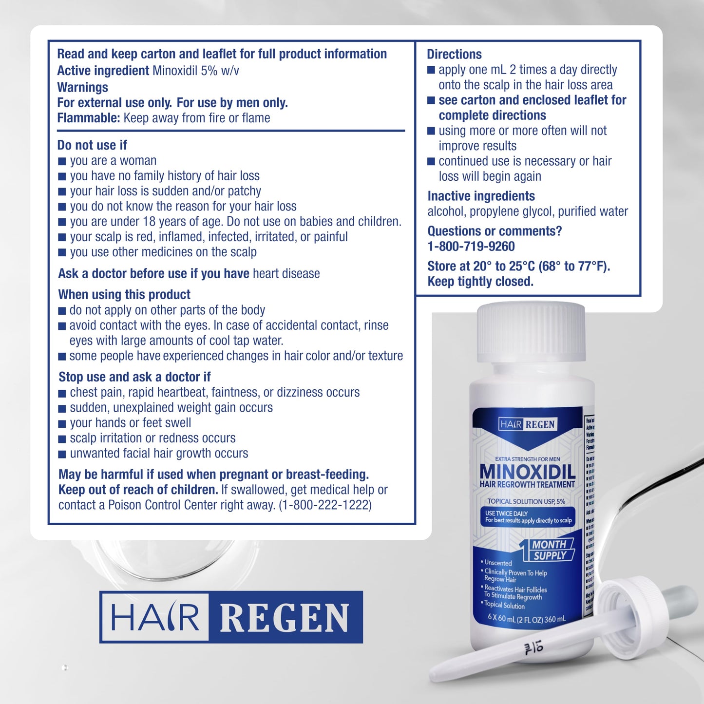 Hair-Regen 5% Minoxidil for Men – Hair Regrowth Treatment for Thinning Hair, 6-Month Supply, Thicker Fuller Hair