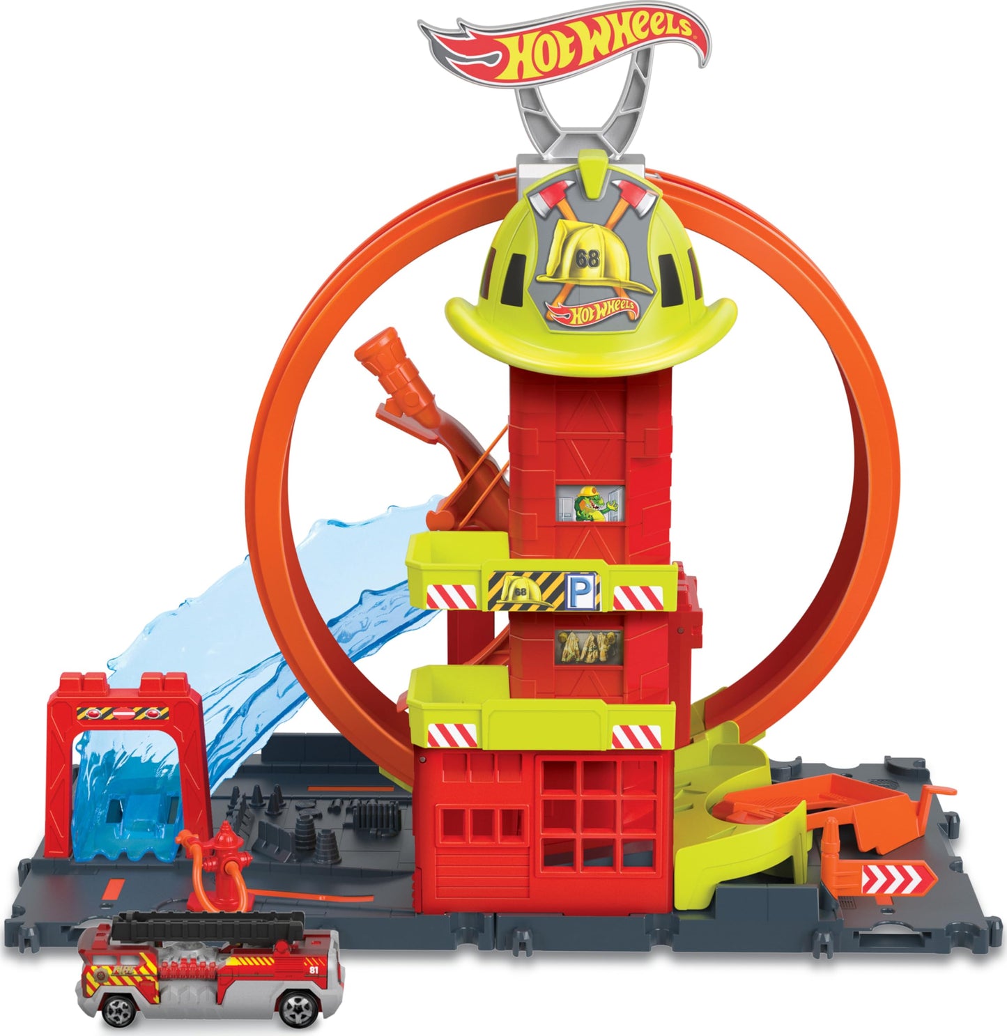 Hot Wheels City Fire Station Playset with 1 Car, Kid-Powered Elevator, Super Loop, Water-Style Ramp & Track Features, Connectable