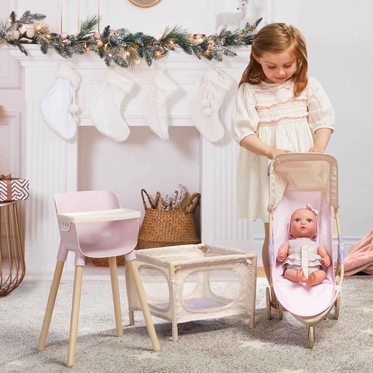 LullaBaby 14" Realistic Baby Doll with Fair Skin & Blue Eyes – Nursery Set with High Chair, Playpen & Stroller – Pretend Play Toy 2+