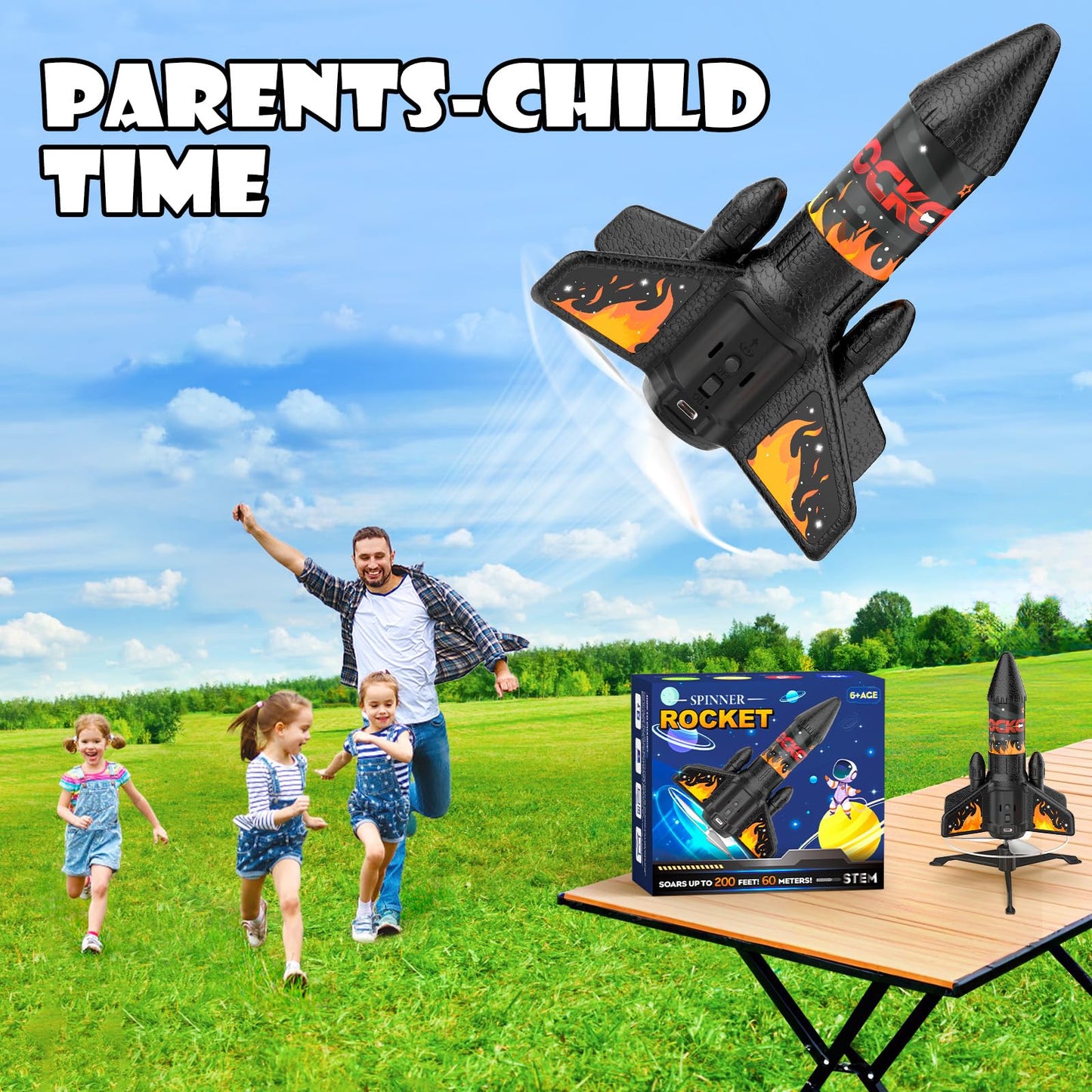 Rocket Launcher for Kids, 200ft Motorized LED Rocket Toy with Safety Parachute, Outdoor Fun Birthday Gift for Boys 8-12 (Orange)