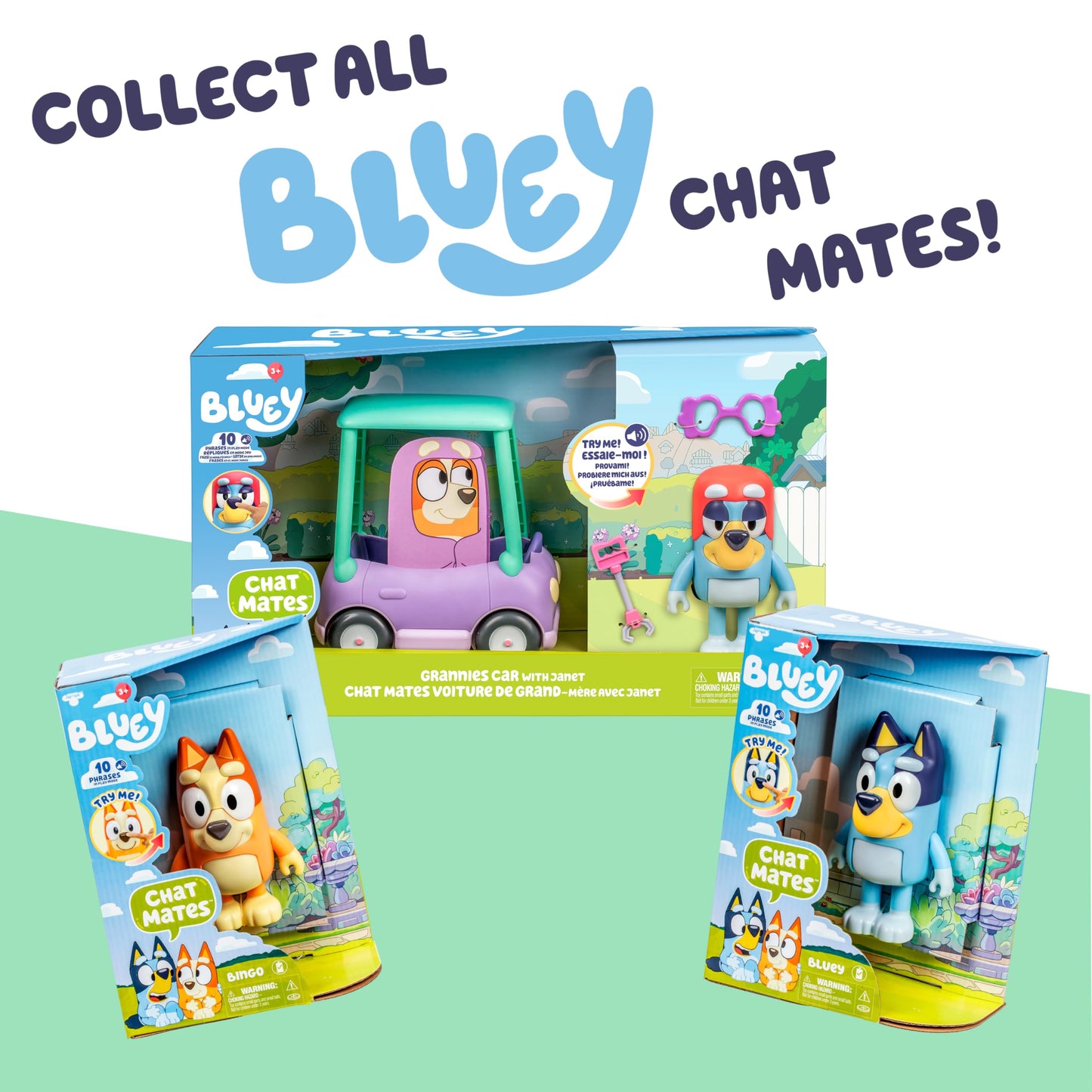 Bluey Talking Toy Chat Mates Playset, Articulated, Talking Kids Toy with 10 Iconic Phrases, Interactive Play Toys Figures Set for Kids, Ages 3+