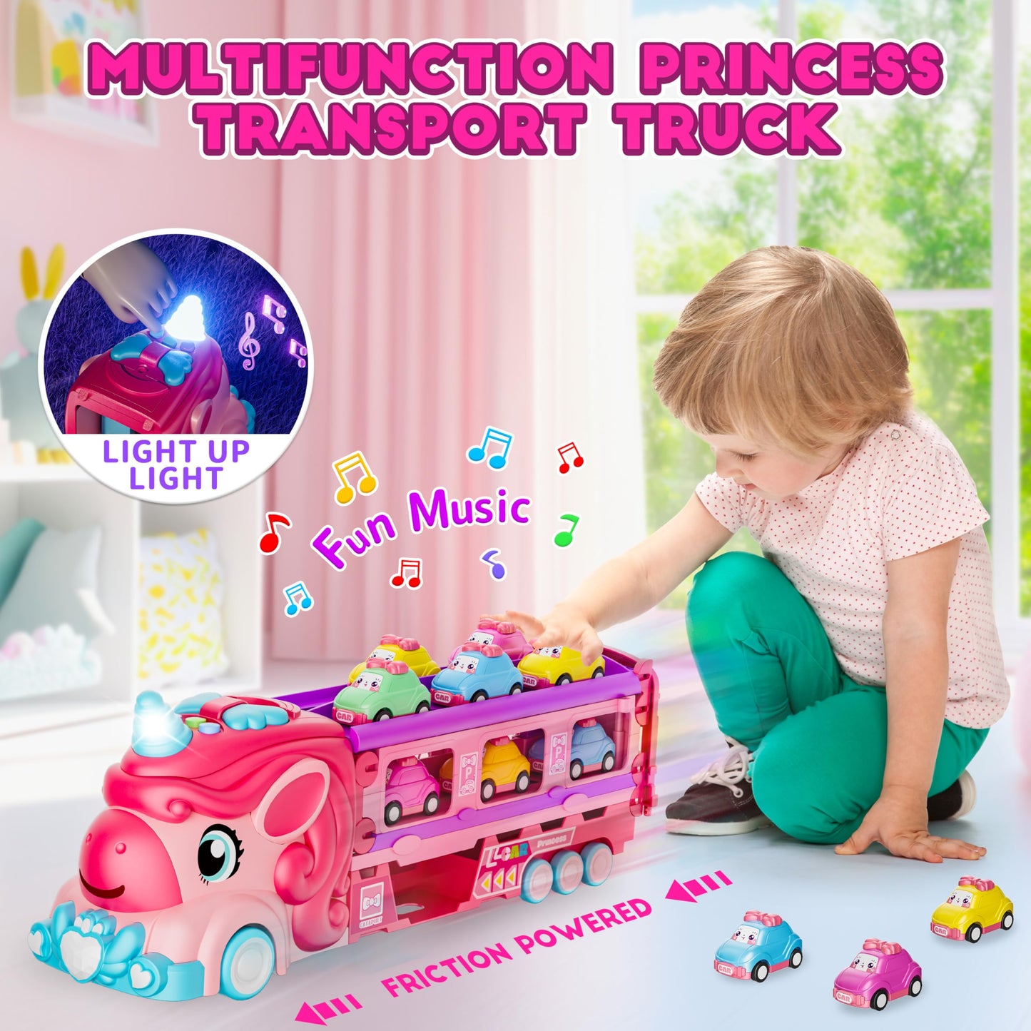 Funwee Unicorn Car Toys for Girls 2-7, Princess Carrier Truck with Sound & Lights, 2-Player Foldable Race Track, Birthday Gift