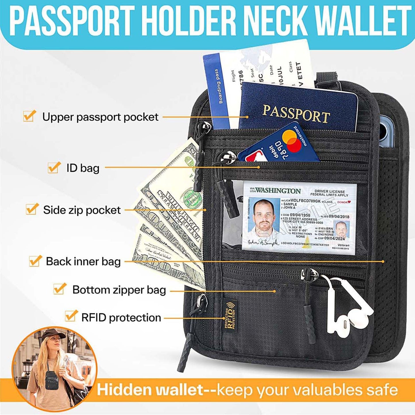Slim RFID Blocking Passport Holder – Travel Wallet & Document Organizer with Adjustable Strap, Anti-Theft Neck Money Pouch for Men & Women
