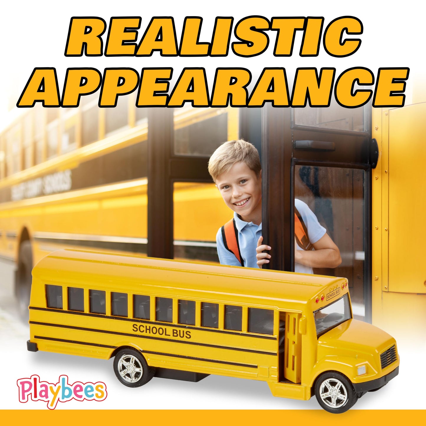 Playbees 6-Inch Long-Nose School Bus Die-Cast Toy Car with Pullback Action, Opening Doors & Realistic Design – Gift for Boys & Girls