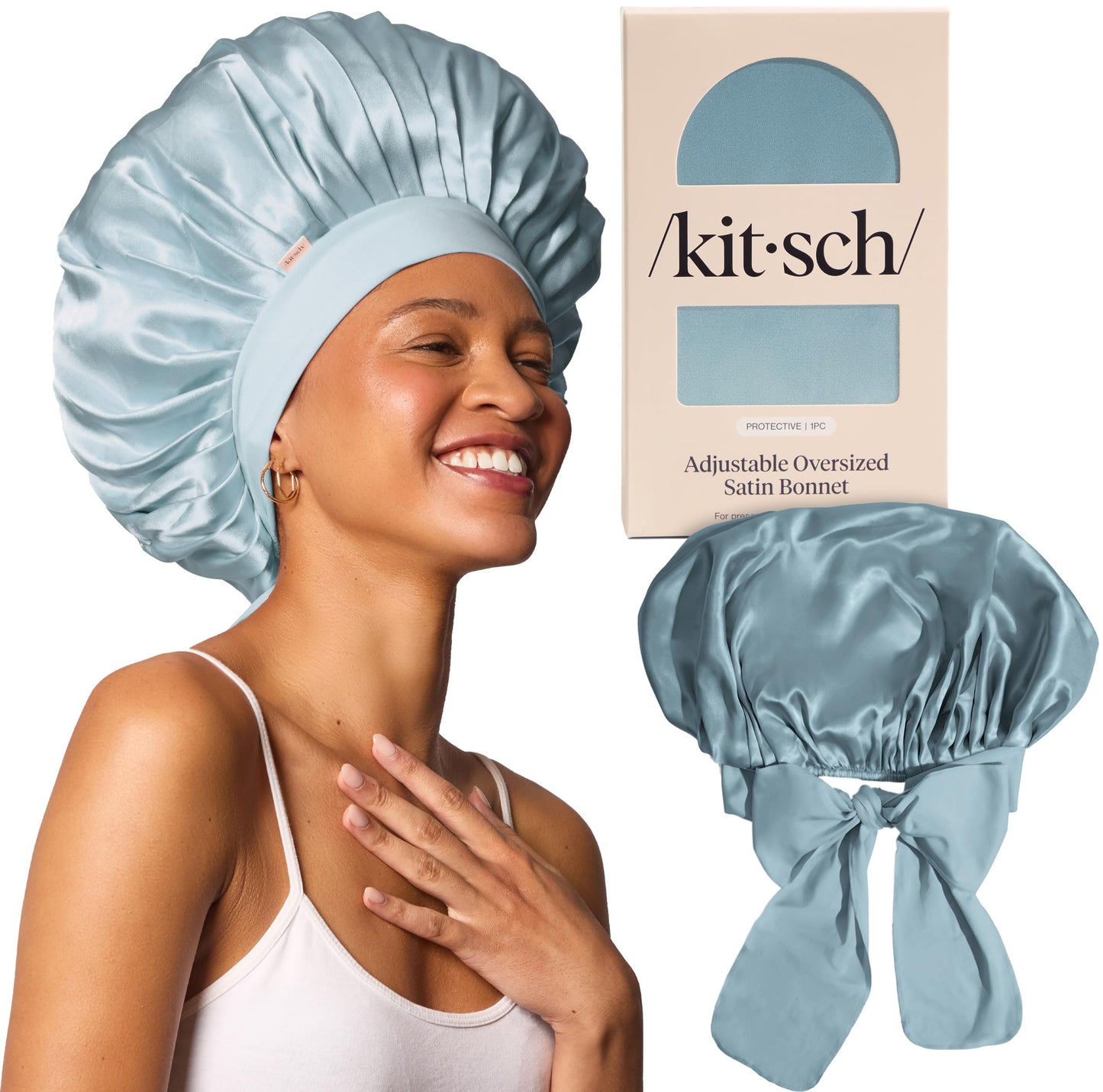 Kitsch XL Satin Sleep Bonnet for Women – Adjustable Night Cap for Curly, Textured Hair – Prevents Breakage, Frizz & Tangles – Haze Blue