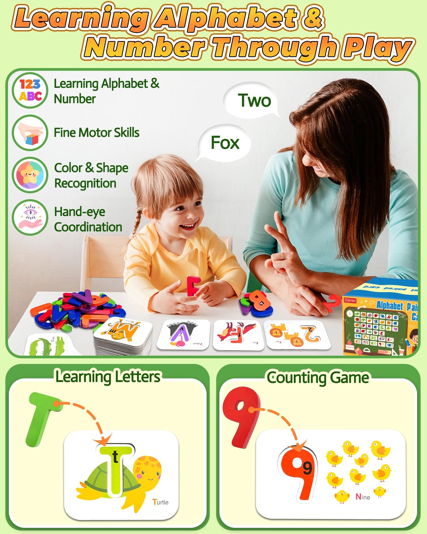 Gojmzo Alphabet Flash Cards & Wooden Blocks, ABC Learning, Numbers & Sight Words Game for Toddlers & Preschool Montessori Educational Toy 3+