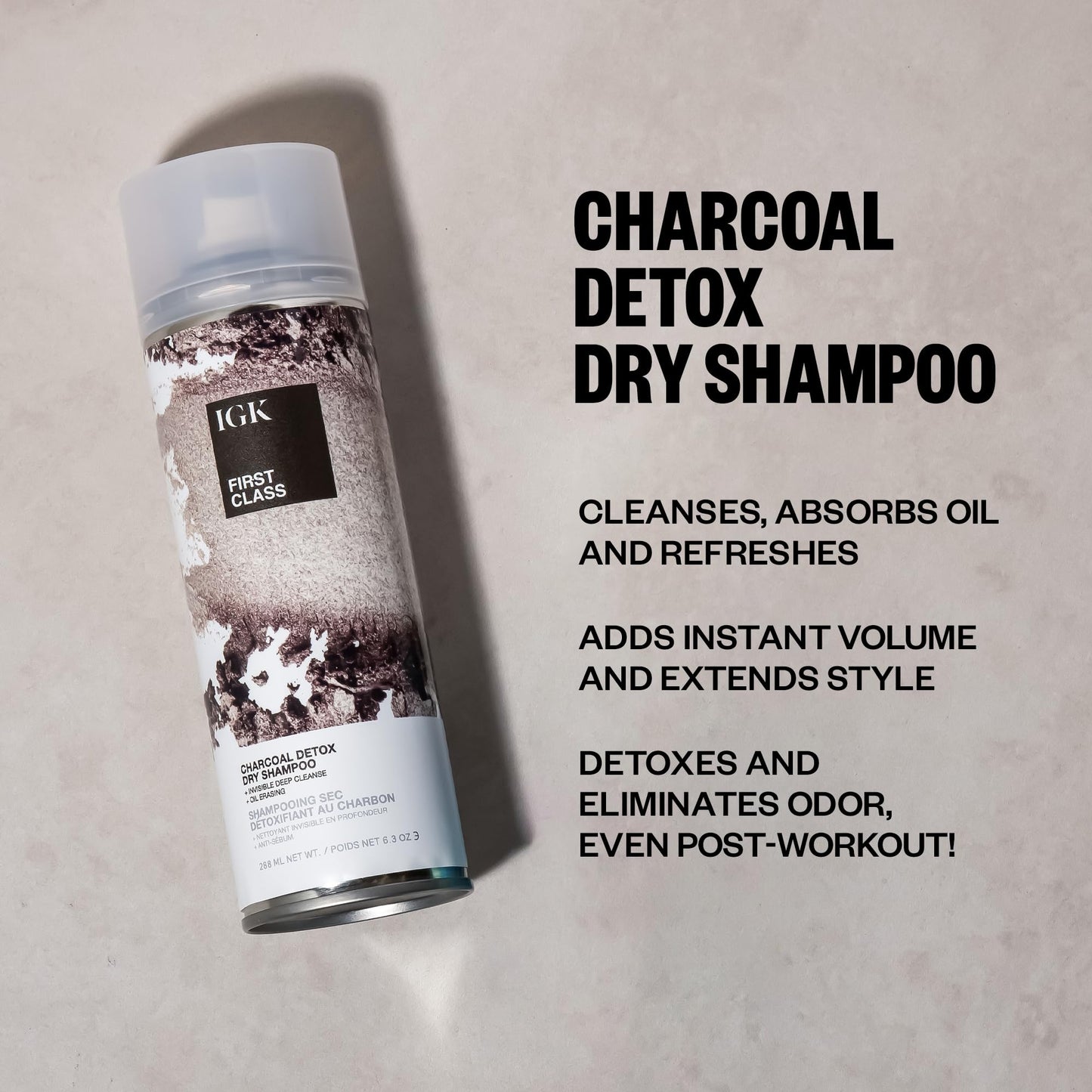 IGK FIRST CLASS Charcoal Detox Dry Shampoo, dry shampoo spray, overnight dry shampoo, best dry shampoo for oily hair, 6.3 Oz