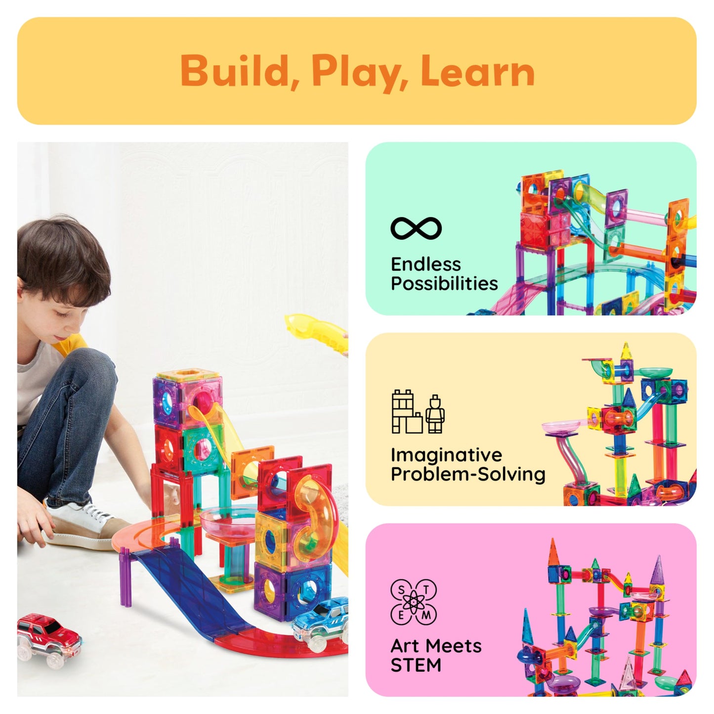 PicassoTiles 108pc 3-in-1 Marble Run & Car Track Magnetic Building Blocks STEM Toy Set for Kids, Brain Development & Educational Play