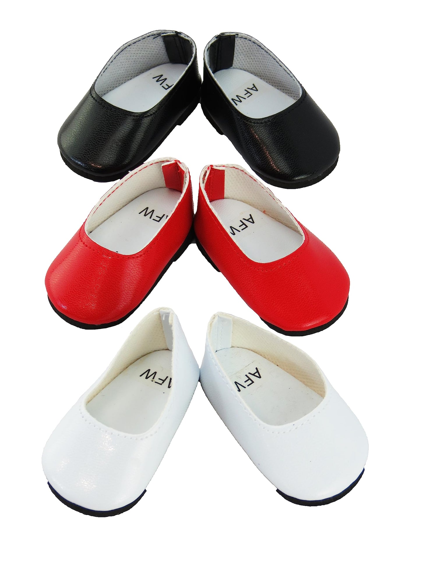 American Fashion World 18-Inch Doll Flats, 3-Pack Red, White & Black | Trendy Premium Doll Shoes for Popular Brands