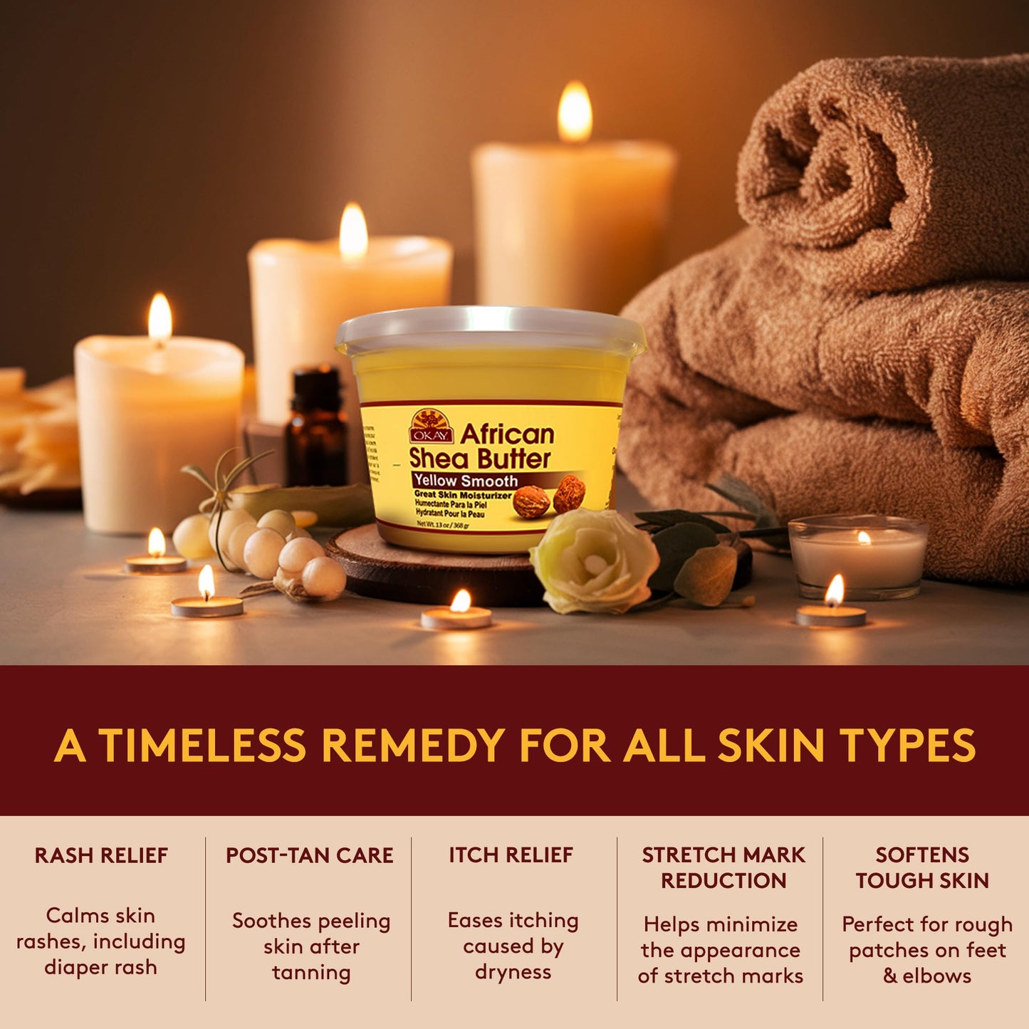 Okay Yellow Raw African Shea Butter for Hair & Skin, Daily Moisturizer for Face & Body, Soothes Dryness, Stretch Marks, 13oz Jar