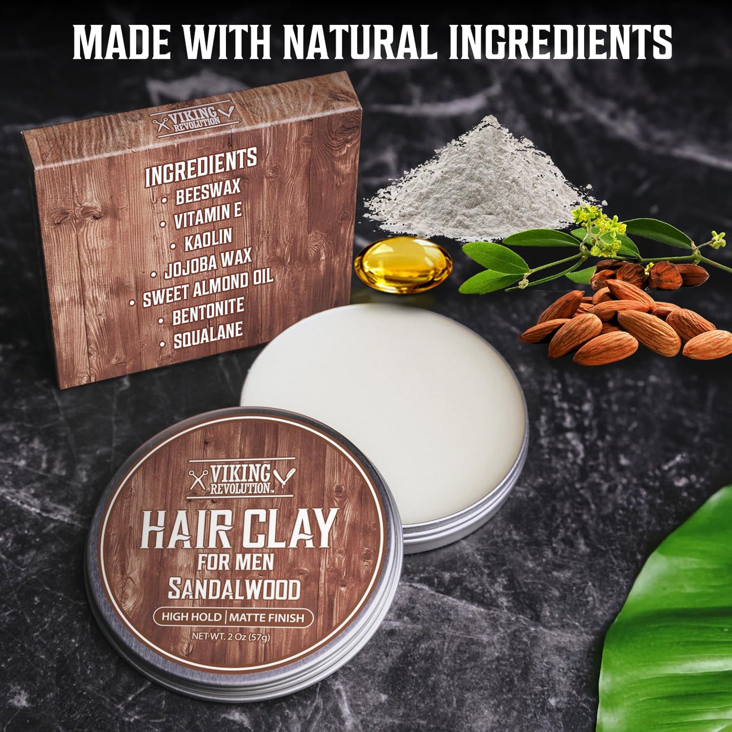 Viking Revolution Sandalwood Hair Clay for Men – Matte Finish Clay Pomade with Jojoba & Vitamin E – Strong Hold Texturizing Styling Cream, 2 oz